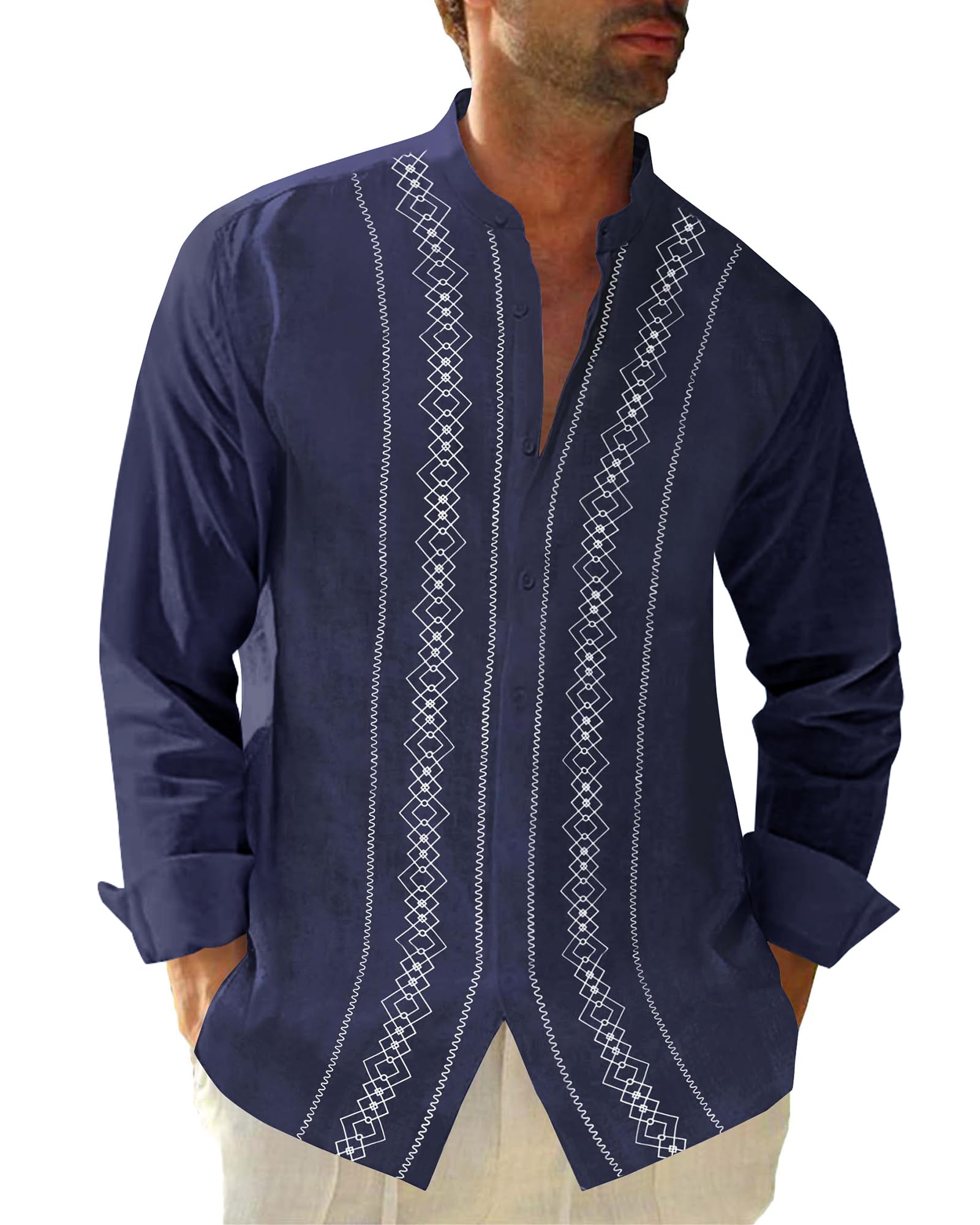 BeotyshowCuban Guayabera Shirts for Men Short Sleeve Casual Button Down Shirt Band Collar Beach Camp Mexican Shirt