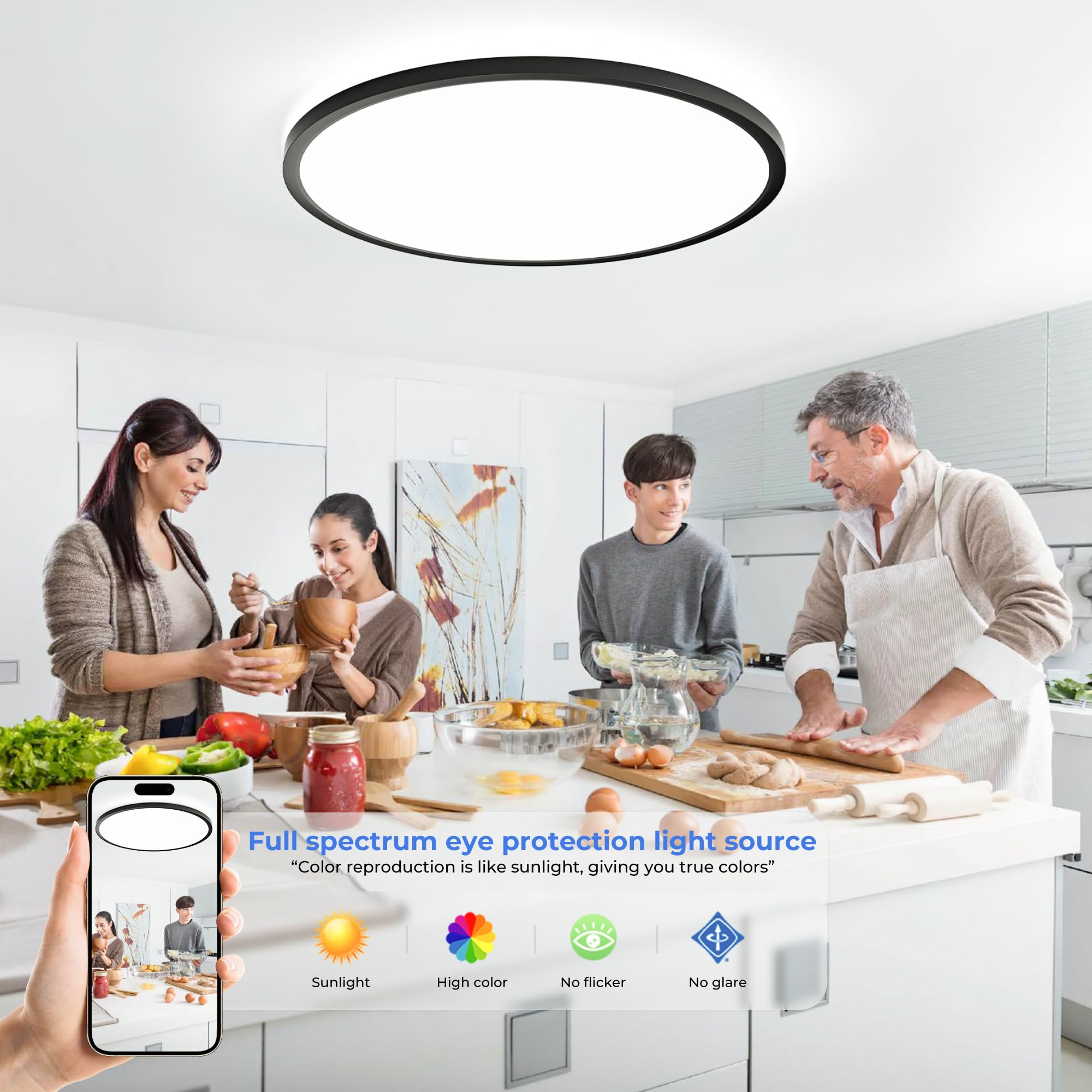 OTREN Plafonnier LED 52W, 5200LM Moderne Rond Luminaire Intérieur, IP44 Etanche Lumière de Salle de Bain, Ultra Mince Noir Lampe de Plafon pour Salon Chambre Cuisine Bureau, Blanc Froid 4000K, Ø50cm