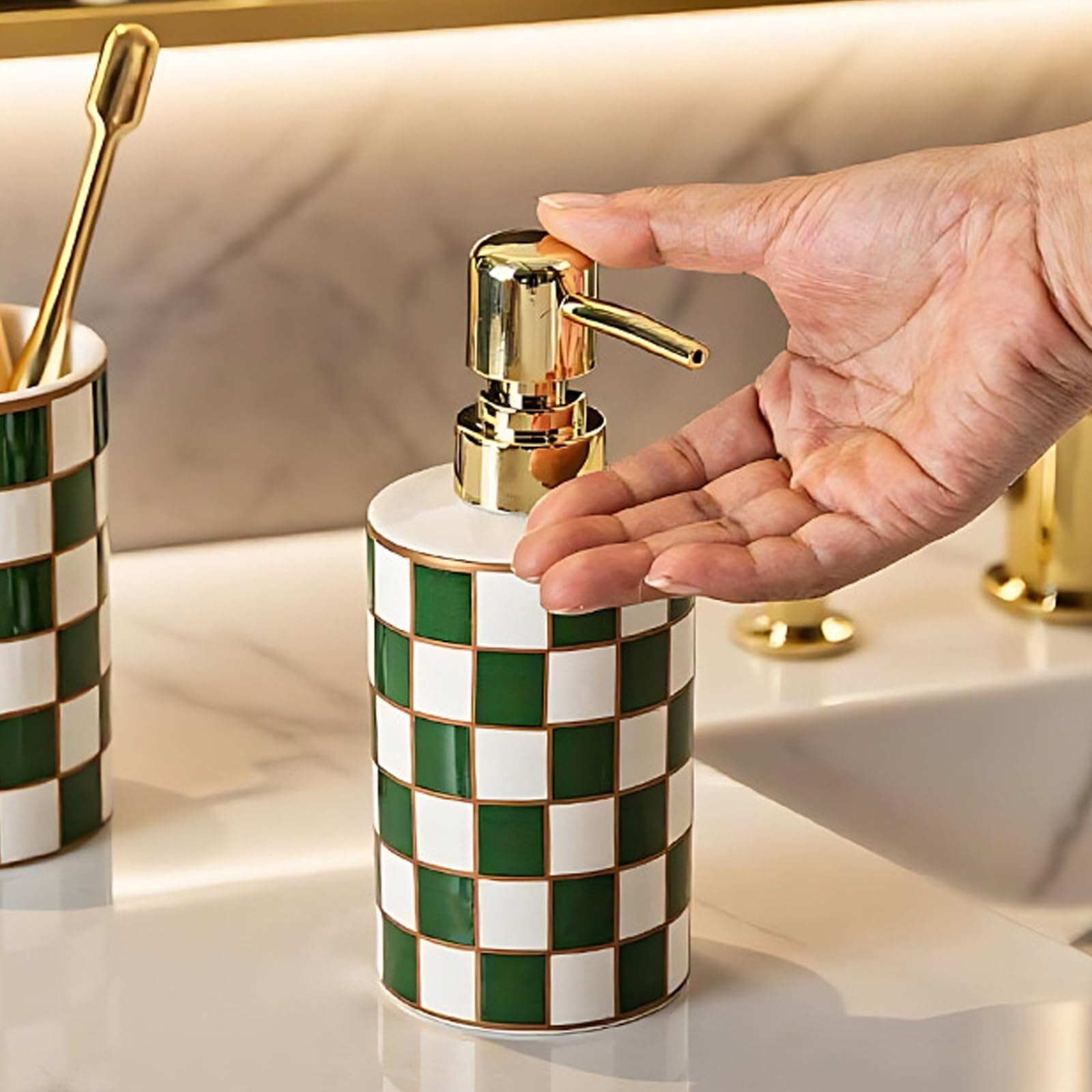 Dispenser da banco per detersivo per piatti Dispenser Di Sapone For Le Mani In Ceramica, Piatto A Scacchiera Retrò Accessori per il bagno(Green)