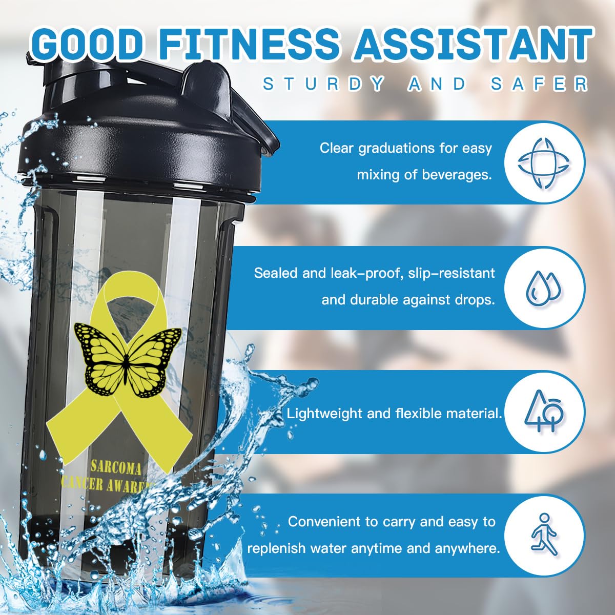Sarcoma Cancer Awareness 18 Ounce Shaker Bottle Drink Mixer Leak-proof Pre Workout Protein Shakes Meal Replacement Shakes Bottles 500ML/18 Oz Black