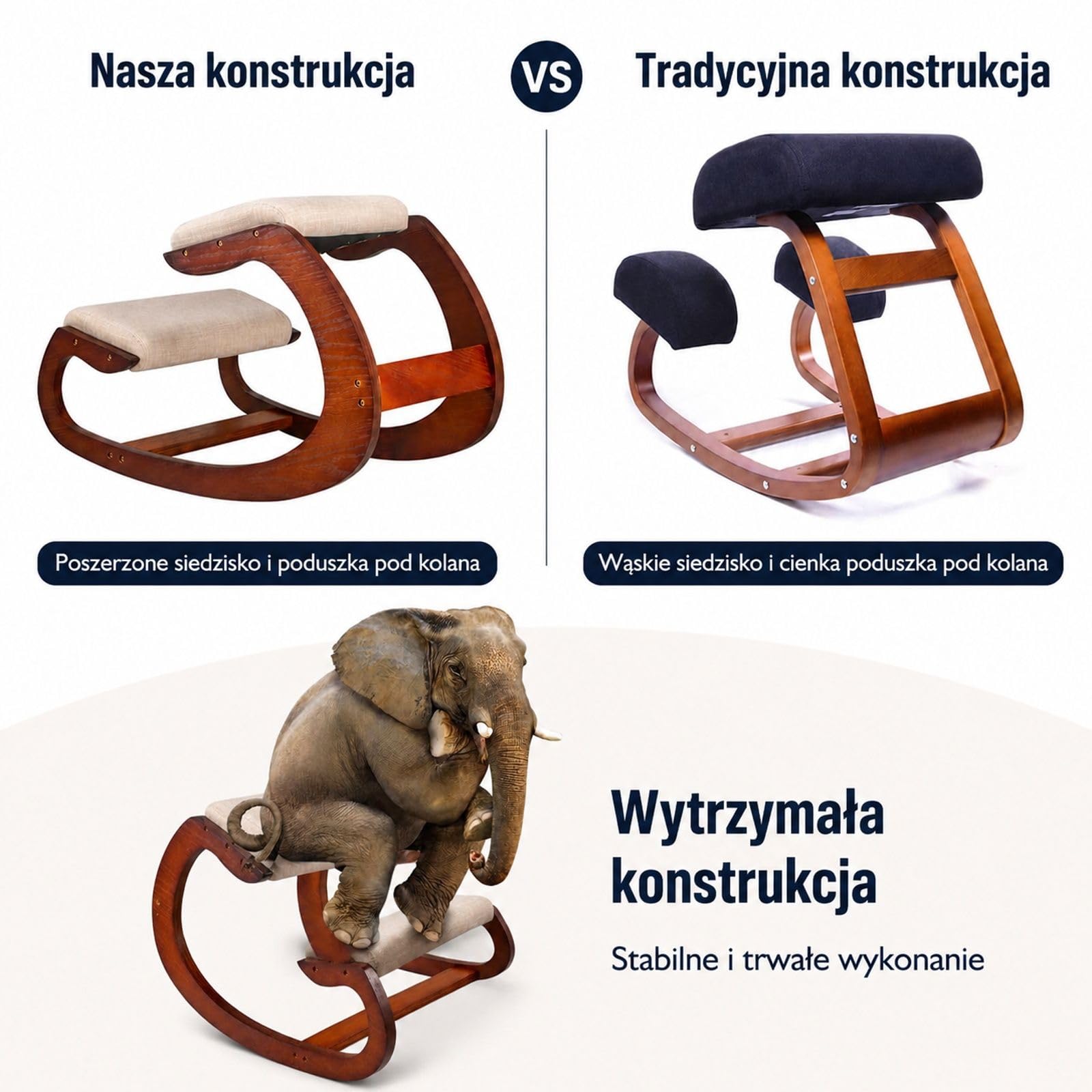 Ergonomiczne krzesło klęczące z regulowanym stołkiem pod kolana, bujaną ramą, drewnem brzozowym i piankowymi poduszkami do biura