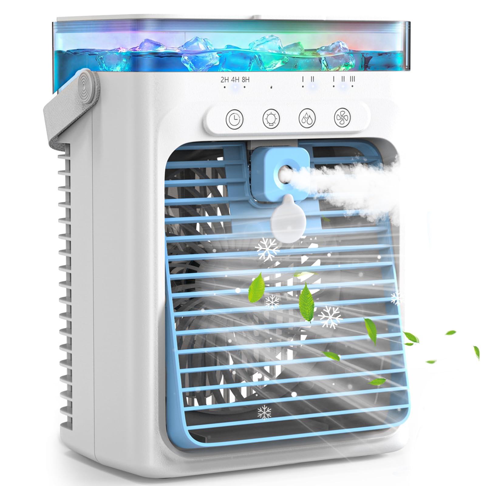 Condizionatore Portatile Senza Tubo 4 in 1, Mini Condizionatore Portatile, Climatizzatore Portatilere USB, 3 Velocità, 2 Modalità Spray, Serbatoio 1000ML, Timer 2/4/8H, Silenzioso per Casa e Campeggio