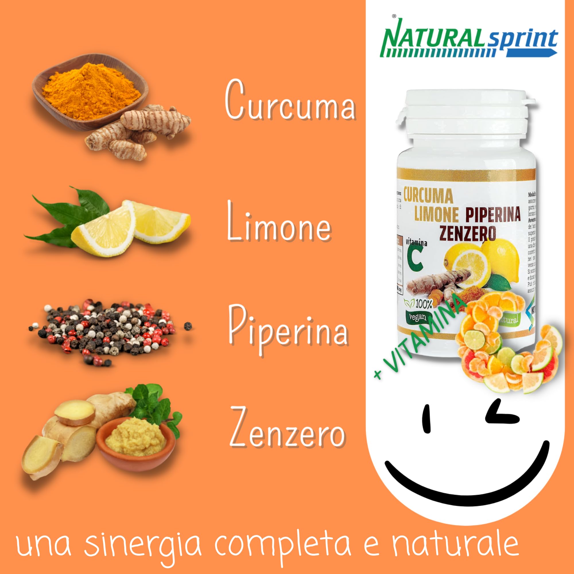 Curcuma Piperina e Vitamina C plus Limone e Zenzero. Dose Forte di Curcuma 5000 mg e Vitamina C + Piperina + Zenzero 130 Compresse Vegane Senza Zuccheri e senza Glutine, Made in Italy
