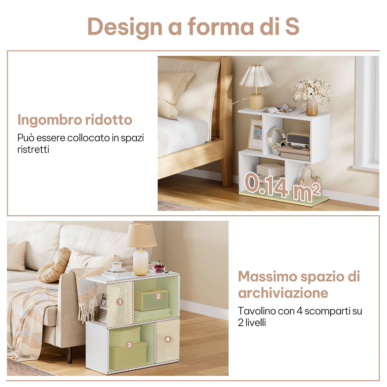 eSituro Tavolino Salotto a Forma di S, Tavolino Laterale da Divano Moderno, per Soggiorno, Balcone, Studio, Camera da Letto, con 1 Ripiano Superiore e 4 Scomparti, Bianco