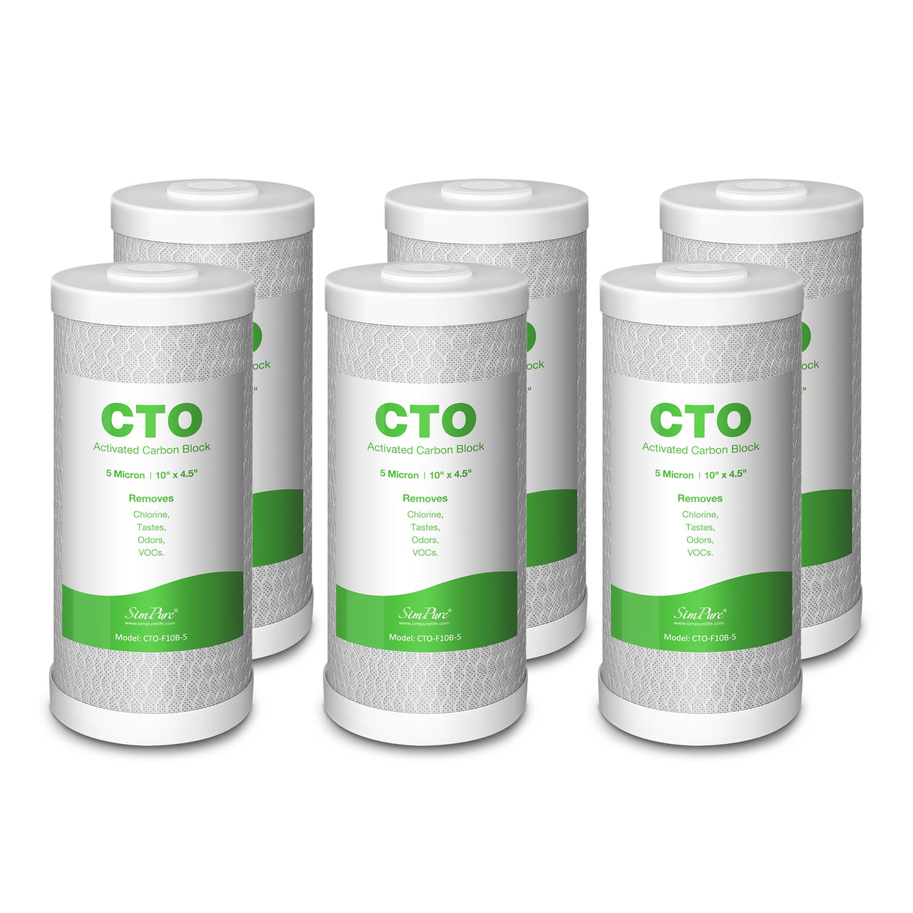 SimPure 10" x 4.5" CTO Carbon Block Water Filter 5 Micron Whole House Water Filter Cartridges (6 Pack)