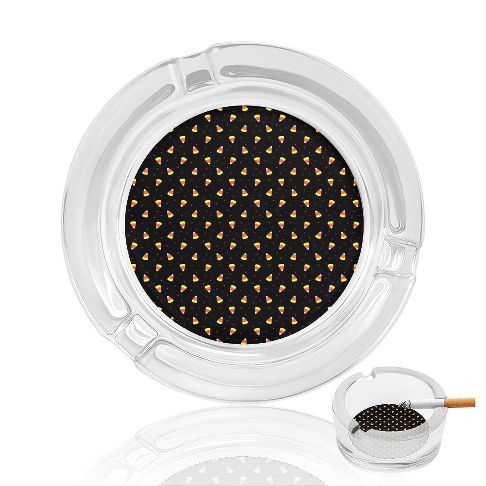 Halloween Candy Corn Pattern Glass Ashtray 3.3 Inch Round Cigarette Ash Holder with 4 Grooves for Home Office Outdoor One Size
