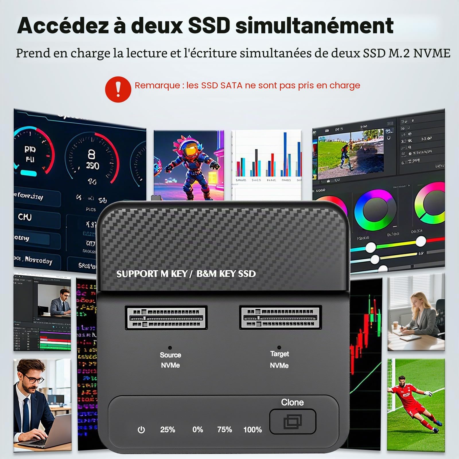 Station d'accueil pour disques durs Dual Bay NVMe M.2 SSD 20 Gbit/s USB 3.2 Gen 2 x 2 avec clonage hors ligne, adaptateur M.2 NVMe SSD sans outil pour SSD M Key/B+M Key