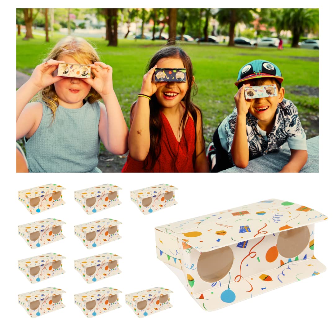 dervea12-Pack Paper Binoculars, Party Favors for Kids Birthday Goodie Bags, Small Telescope 3X Magnification Theme of Balloons Cupcakes Steamers, Girls Boys Return Gifts Fidget Toys (Birthday Theme)