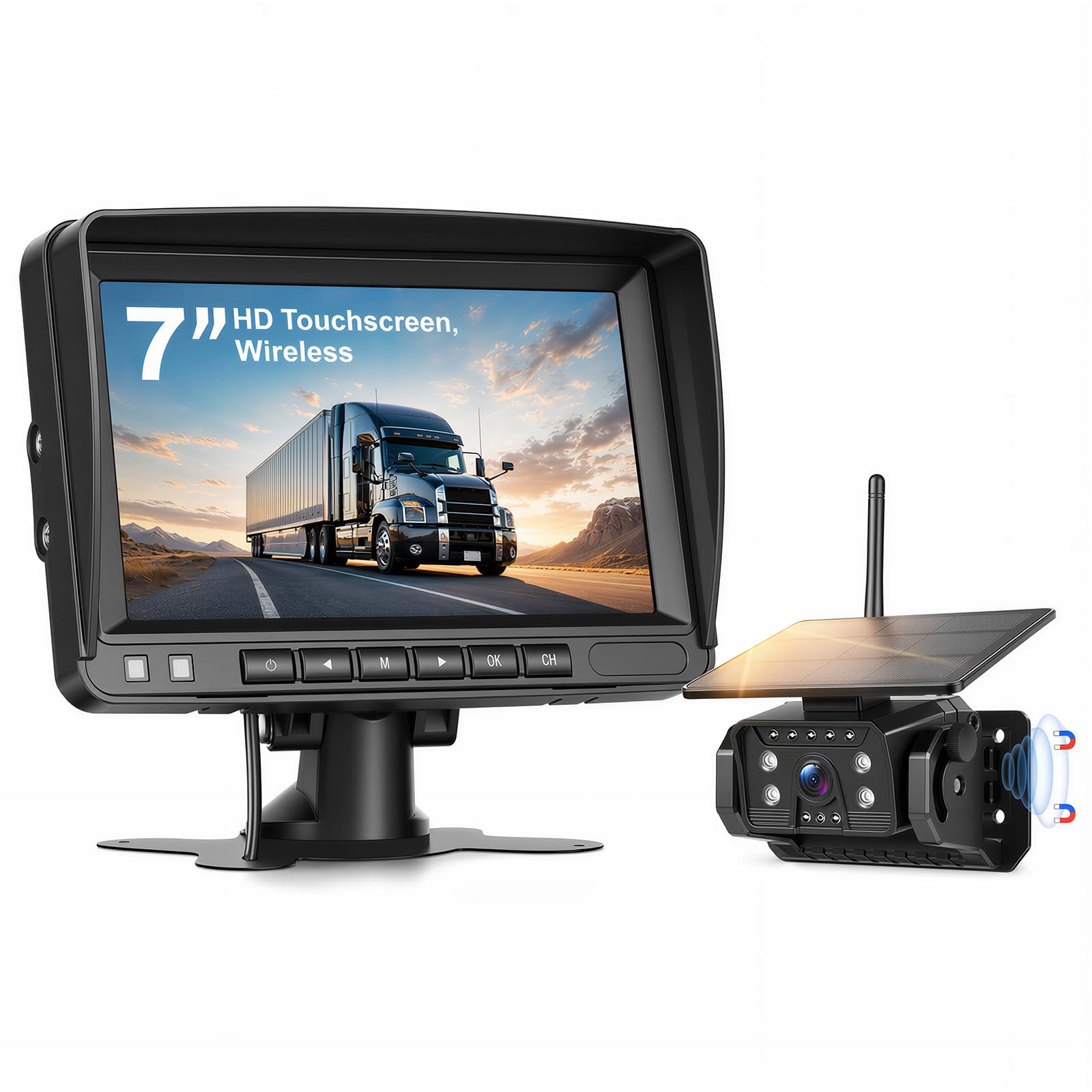 SIXWIN Caméra de Recul Solaire Magnétique sans Fil – Écran IPS 7 Pouces, IP69 Étanche, Vision Nocturne, Installation Facile pour Camping-Car, Caravane et Fourgon