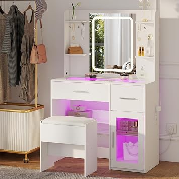 YOSHOOT Dressing Table with LED Lighting Mirror, Glass Top Charging Station, Vanity Table with 2 Drawers, Side Cabinet, Makeup Desk with Upholstered Stool for Cloakroom and Bedroom,90*40*140cm(White)