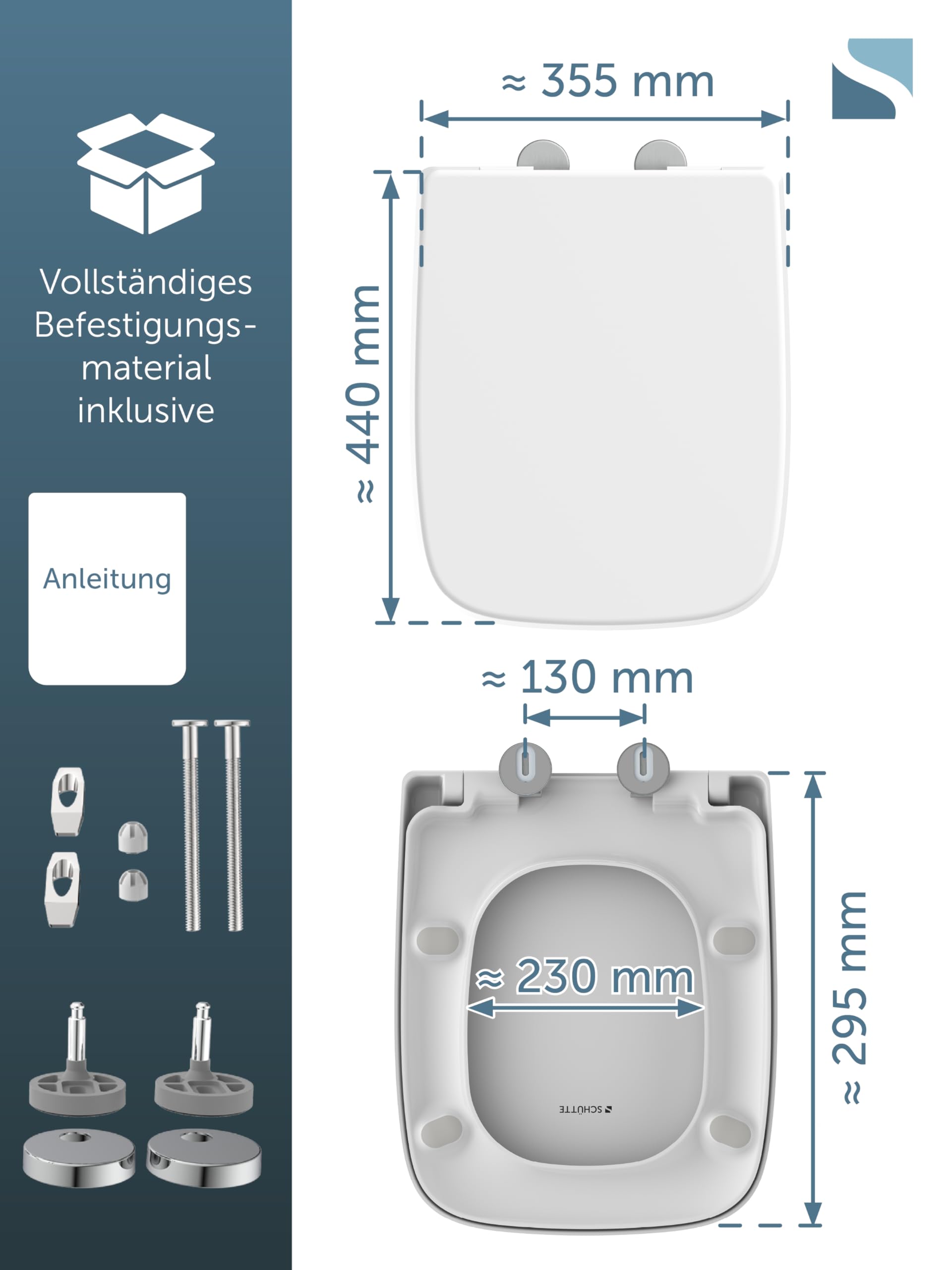 SCHÜTTE WC-Sitz Eckig (E-Form) | Passgenau für Keramag Renova Nr. 1 Plan | 5 Jahre Garantie & 250 kg Belastbar | Duroplast Toilettendeckel mit Absenkautomatik & Schnellverschluss | Weiß