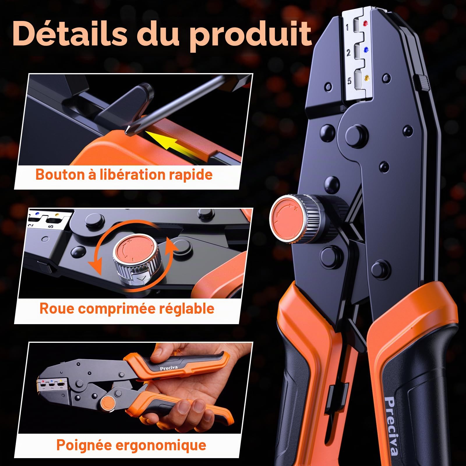 Preciva Kit de Pince à Sertir en Coffret avec 395 Cosses, Pince à Sertir à Cliquet 6 Mâchoires Interchangeables, Jeu d'Outils de Sertissage pour Travaux Électriques Domestiques, Automobiles