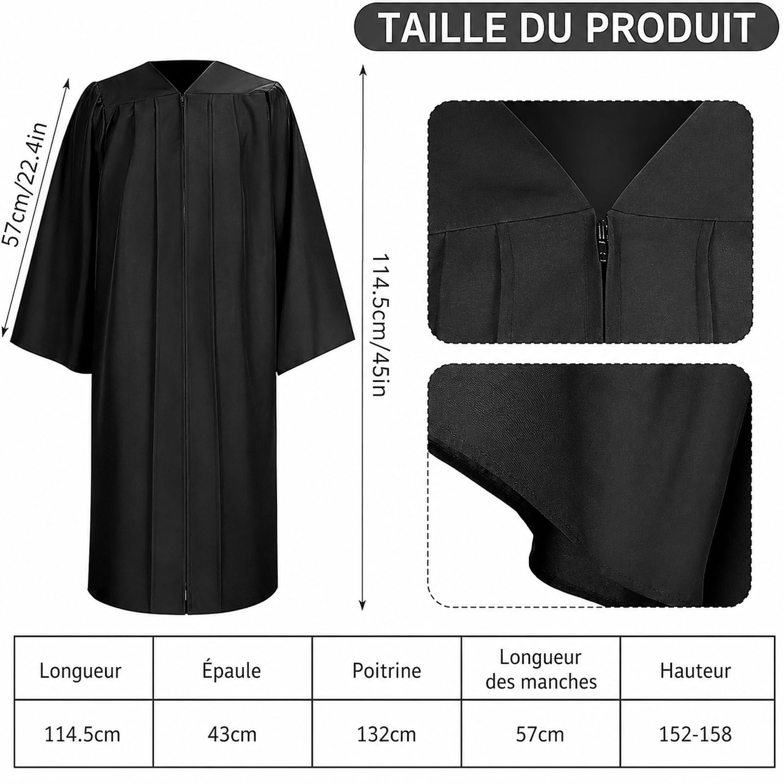 Costume de Juge Adulte 5 Pièces, Robe Noire, Perruque Blanche et Marteau