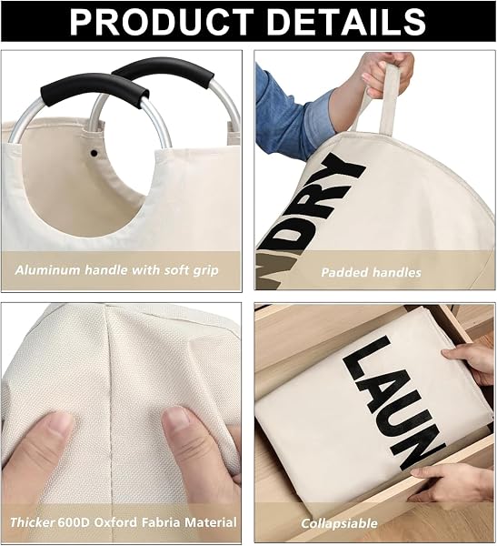 1 cesto portabiancheria grande da 90 l, ideale per la biancheria, pieghevole, alto, facile da trasportare, con manici in alluminio protetto in schiuma, per bagno, università, viaggi (colore grigio - 5