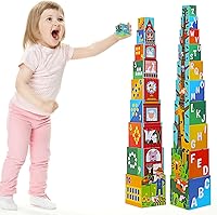 Beeqoo 10pc Nesting Stacking Blocks Toddlers 1-3 - ABC Numbers Colors Shapes Animals Montessori Learning Toy