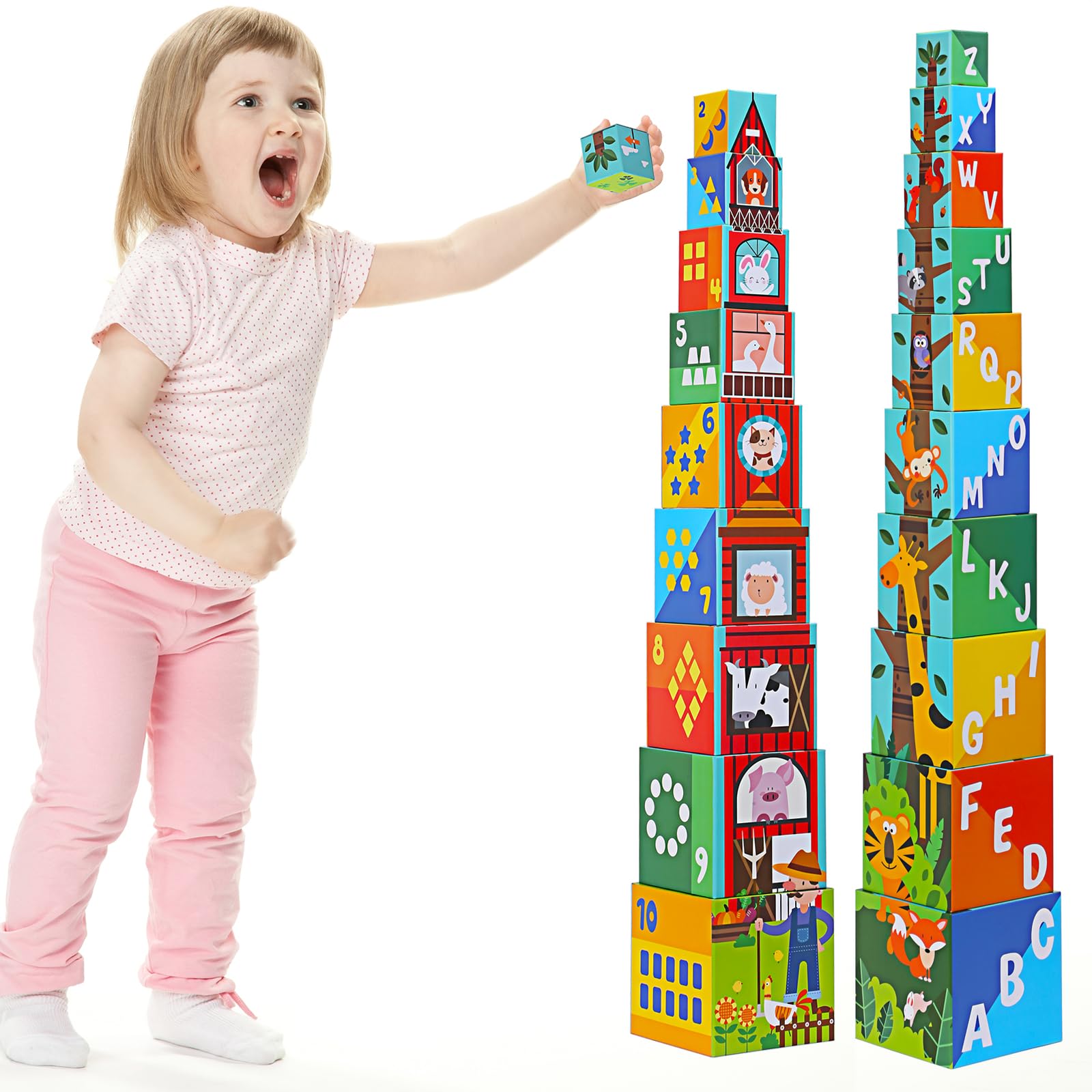 beeqoo Animal Sorting and Stacking Blocks - Educational ABC & Numbers Toy for Babies and Toddlers - Montessori Learning Tower -10 Nesting Cubes Building Set - Ideal Present for Boys & Girls
