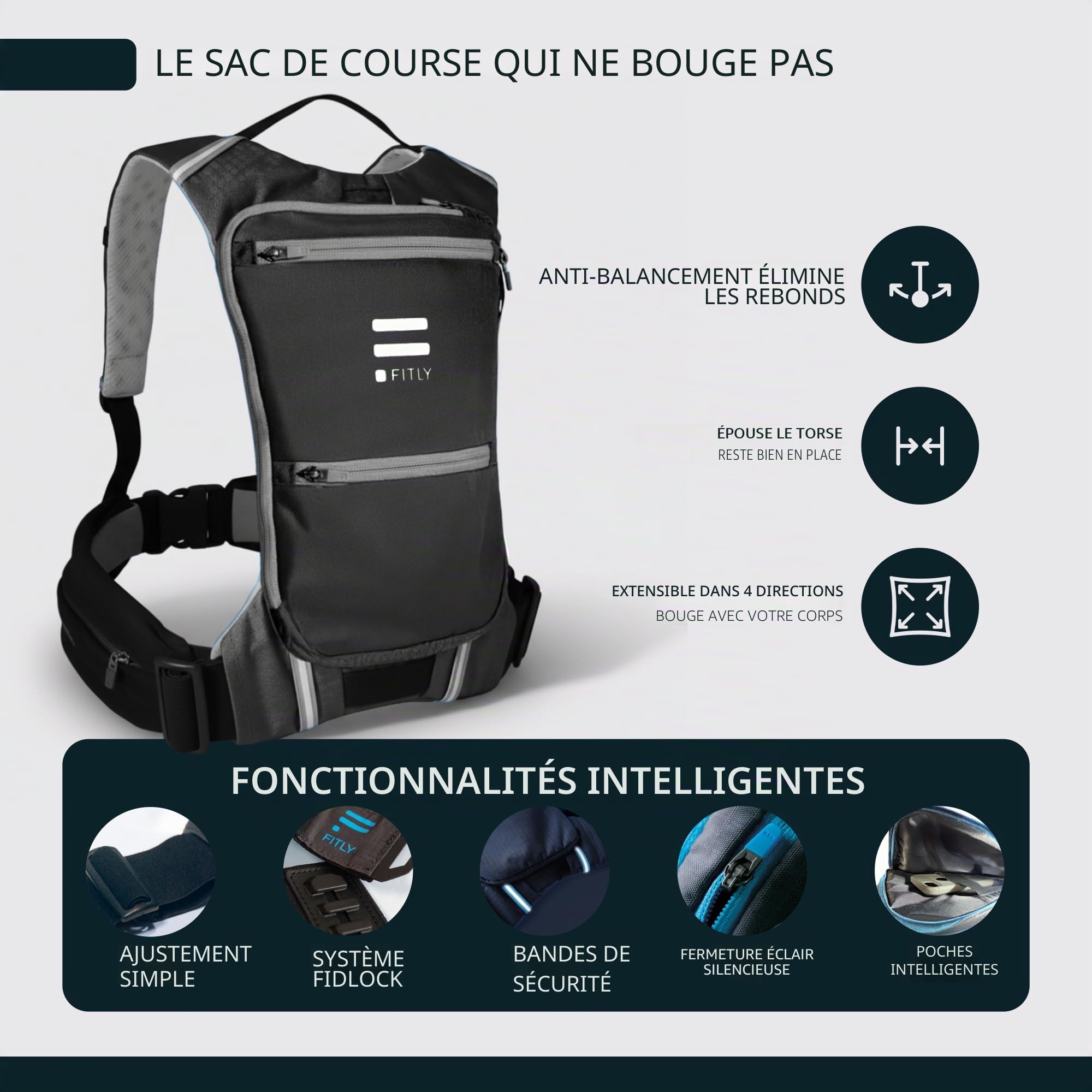 FITLY Minimalist Running Pack | Sac à Dos de Running Porte téléphone, Rangement, Ceinture Thoracique | Transport d'objets personnels | Matériel de Running Unisexe | Sac de Running léger