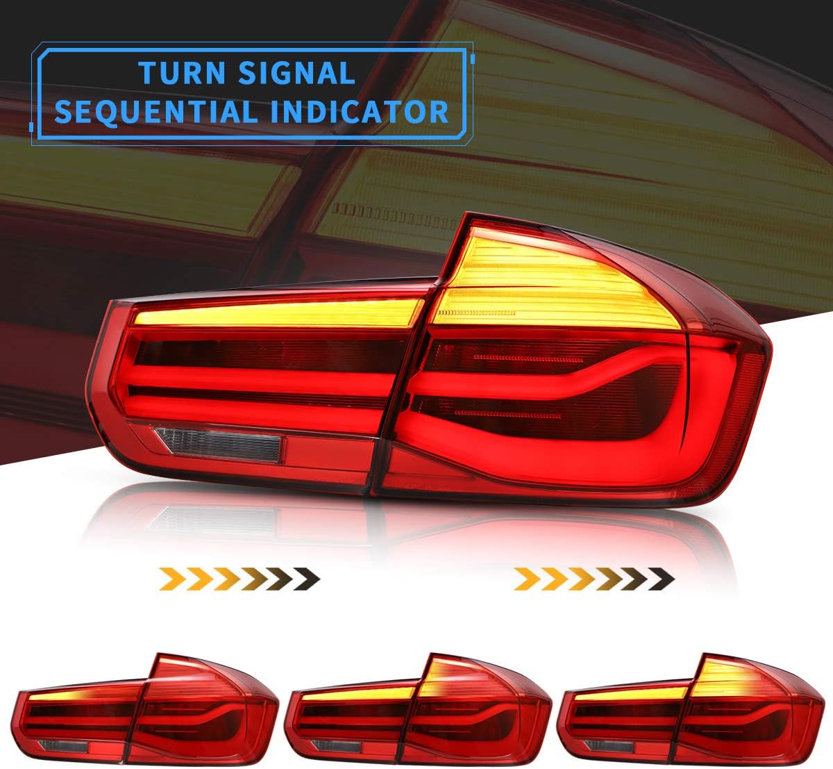 VLAND Led Tail Lights Compatible with BMW 3-Series BMW F30 F35 F80 320i 328i 328D 335i M3 6th gen sedan 13-18 with Amber Switchback Turn Signals (Red Clear Styles)