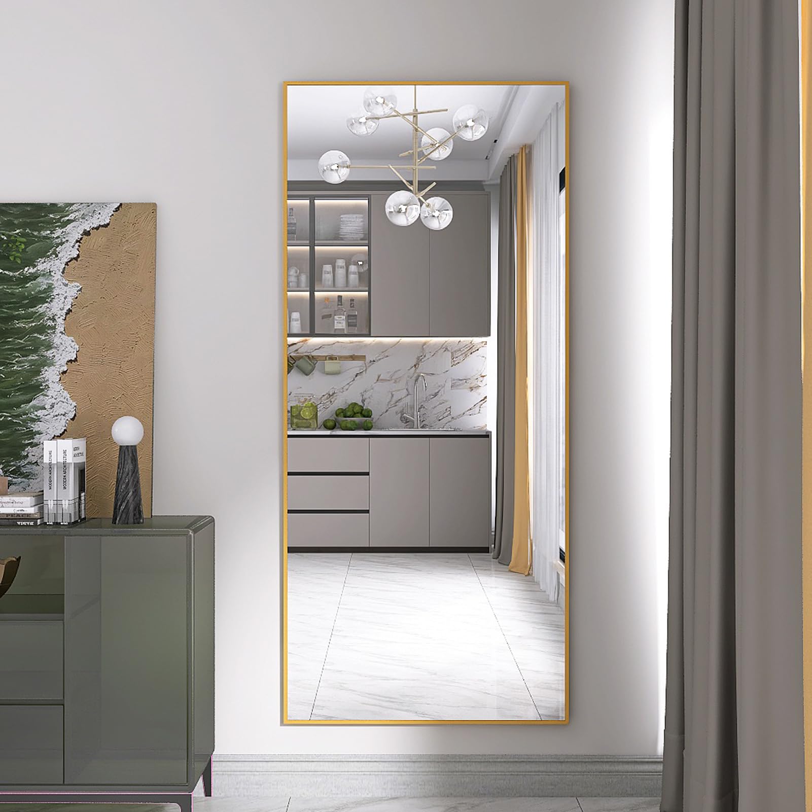 PerGar Minimalistyczne lustro stojące w ramie, 180 x 80 cm, lustro stojące na całe ciało z ramą ze stopu aluminium, duże lustro ścienne, nowoczesne lustro do sypialni, salonu, złote