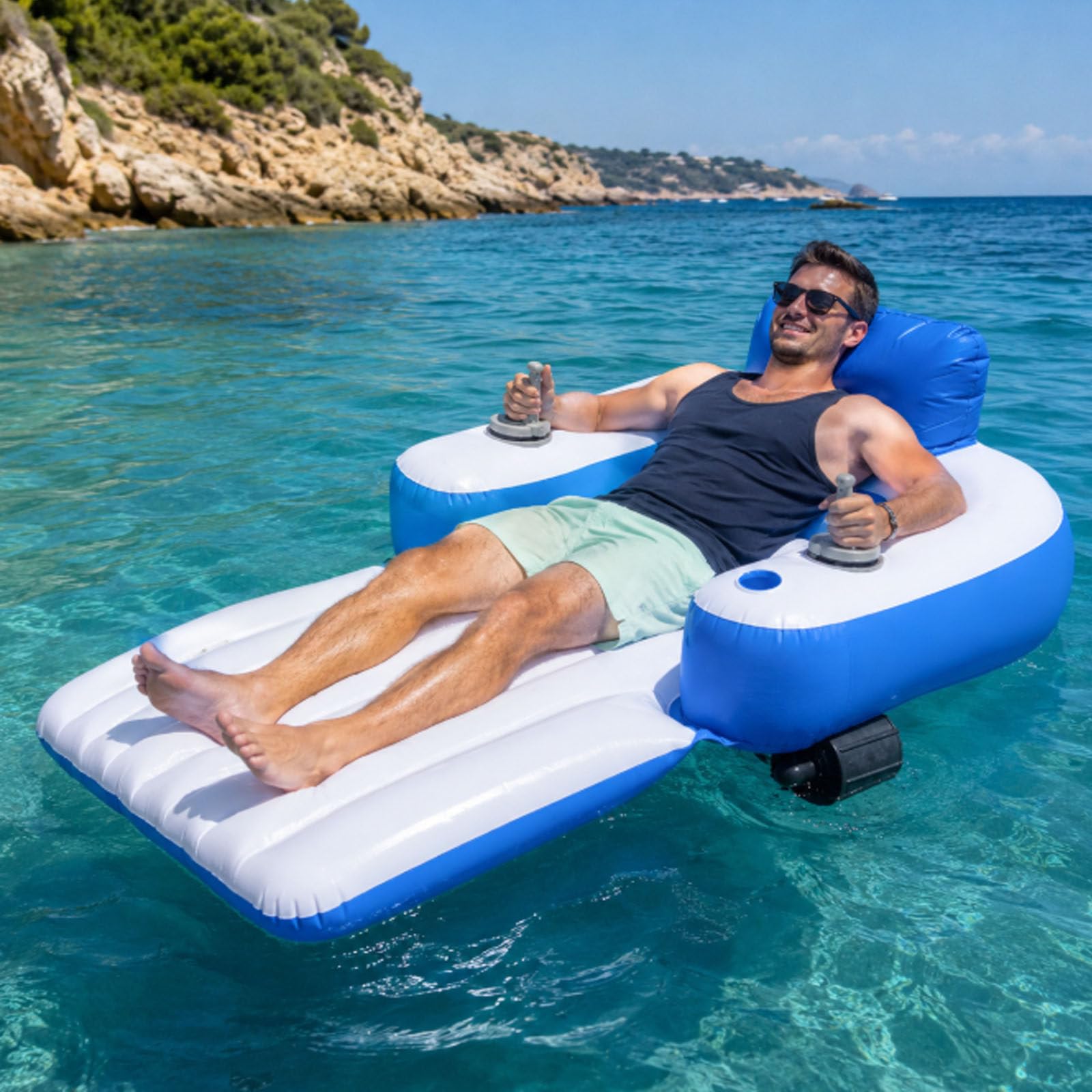 ErShangMao 2026 Motorized Pool Float,Electric Inflatable Pool Lounger with 50W Forward Turn Spin Drive,Quick Inflate Setup,Cup Holder,Backrest,Motorized Inflatable Water Blob for Adult Lake Leisure