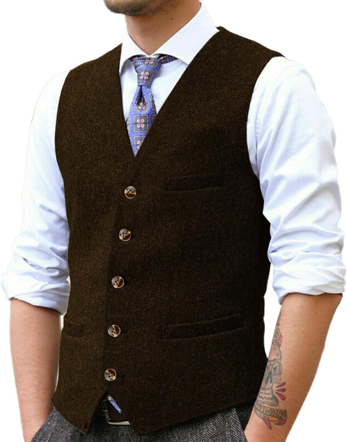 Yiaisafa Gilet rétro en tweed à chevrons pour homme, gilet formel, gilet de costume vintage en laine, Bleu marine, XL Yiaisafa Gilet rétro en tweed à chevrons pour homme, gilet formel, gilet de costume vintage en laine, Bleu marine, XL