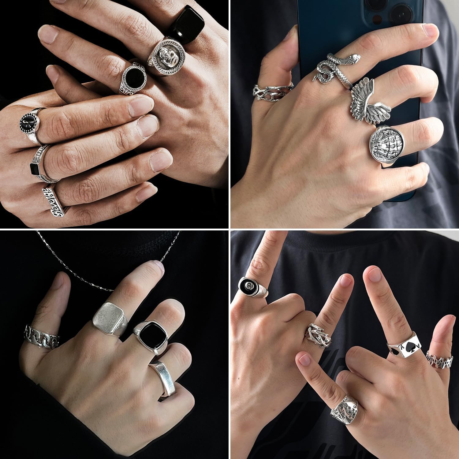 Vintage Silver Punk Rings Set for Men Cool Gothic Chunky Rings Statement Signet Snake Wing Ring Set