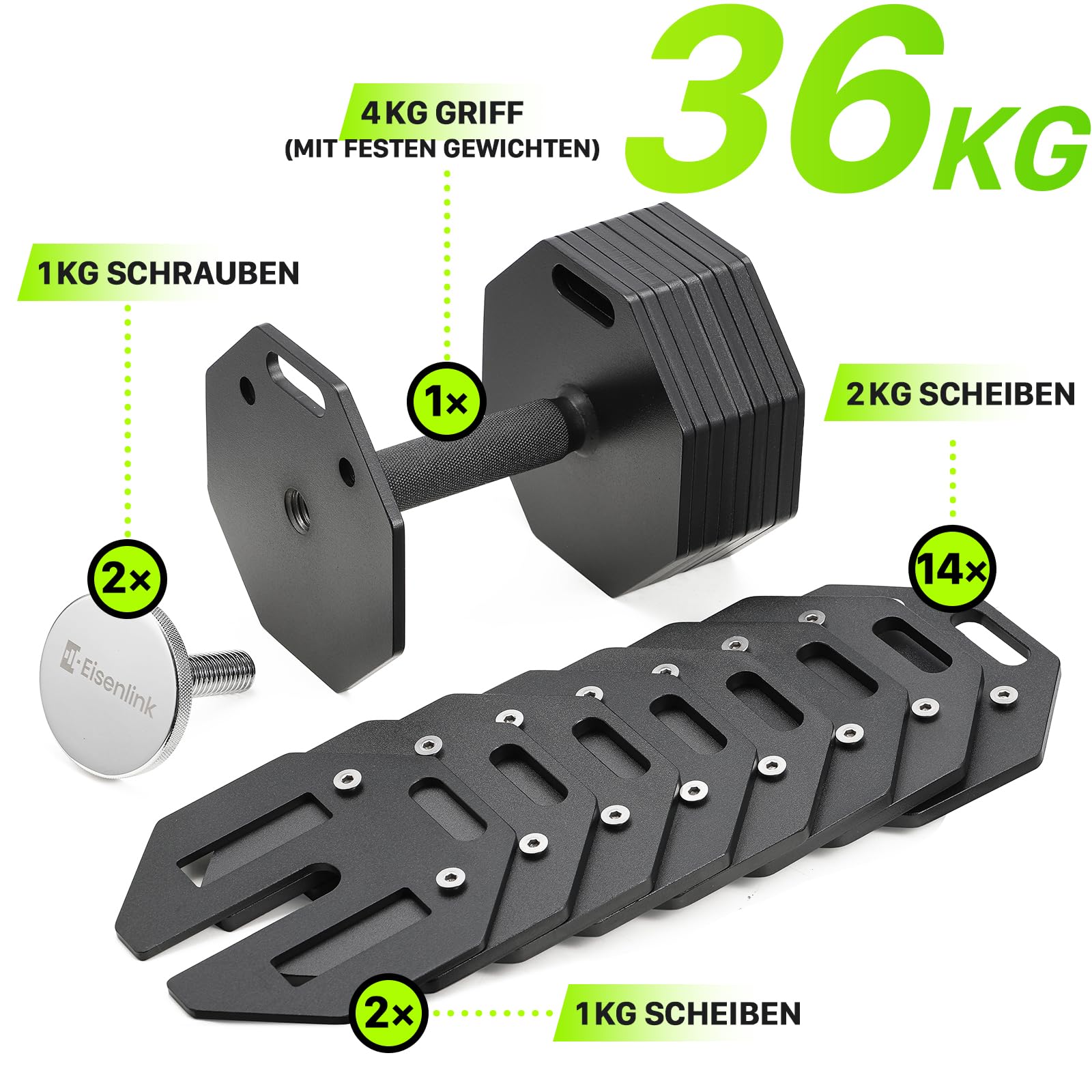Eisenlink Verstellbare Achteckige Kurzhantel 1 Stück 20kg 36kg | Innovative Ultrakompakte Einstellbare Stahl Hantel mit Anti-Rutsch-Griff Fitness Gym Zuhause