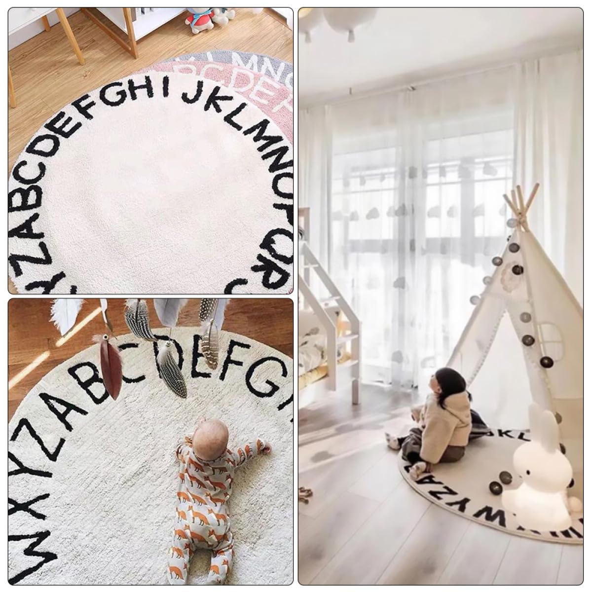 Tapis Rond Garçon et Filles Antidérapant 120 Cm Tapis de Sol Blanc 26 Lettres Anglaises pour Chambre Bébé Salon et Aire de Jeu Éducative