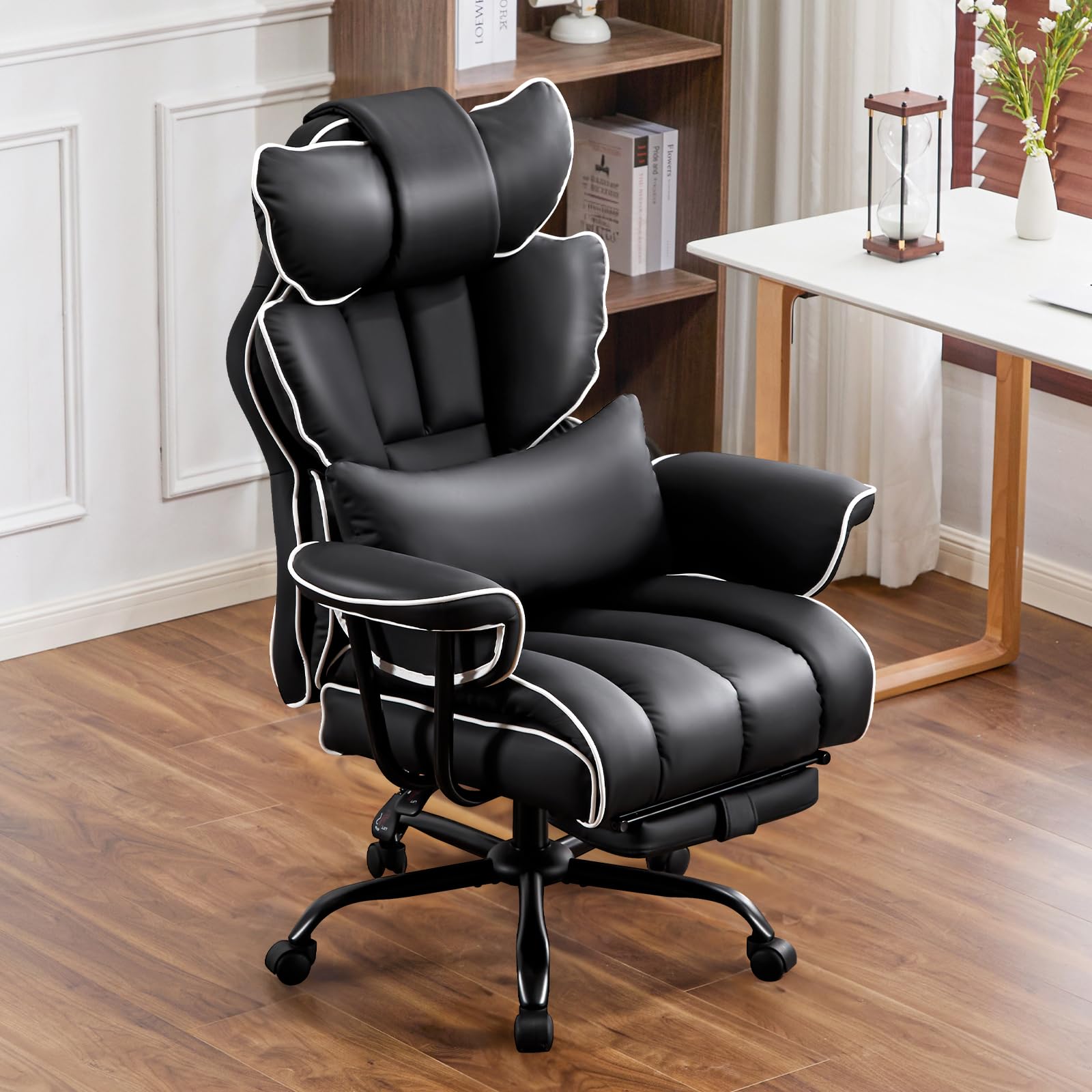 Sedia Ufficio Ergonomica, Poltrona Direzionale in Pelle PU, Sedia Gaming con Poggiapiedi e Supporto Lombare, Sedia da Ufficio Reclinabile Girevoli Altezza Regolabile 200kg (Nero)