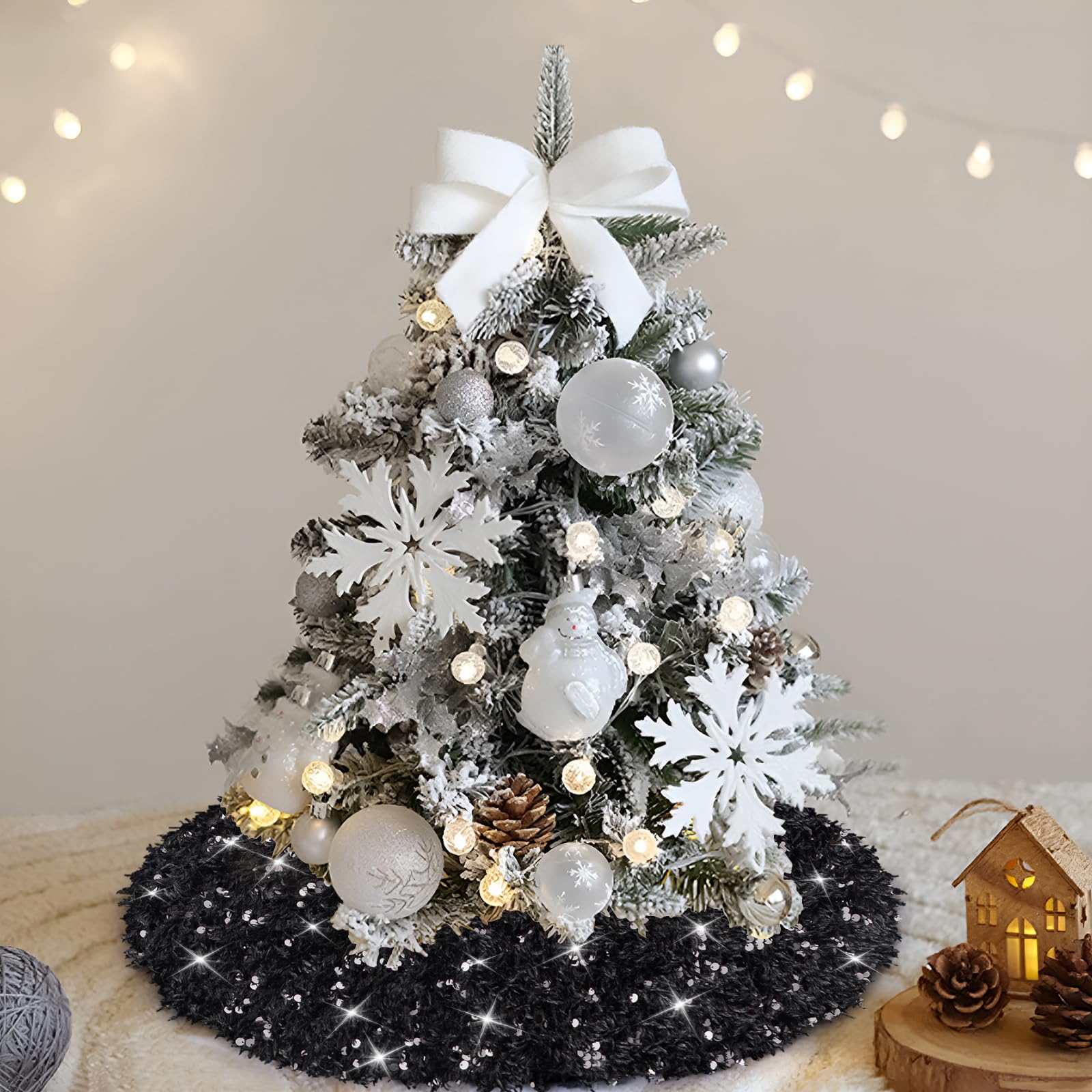 Black Faux Fur Christmas Tree Skirt 24 Inch, Mini Sparkly Furry Xmas Tree Rug Decor With Sequins, Christmas Decoration Ornaments for 4 Ft Tabletop Pencil Slim Tree