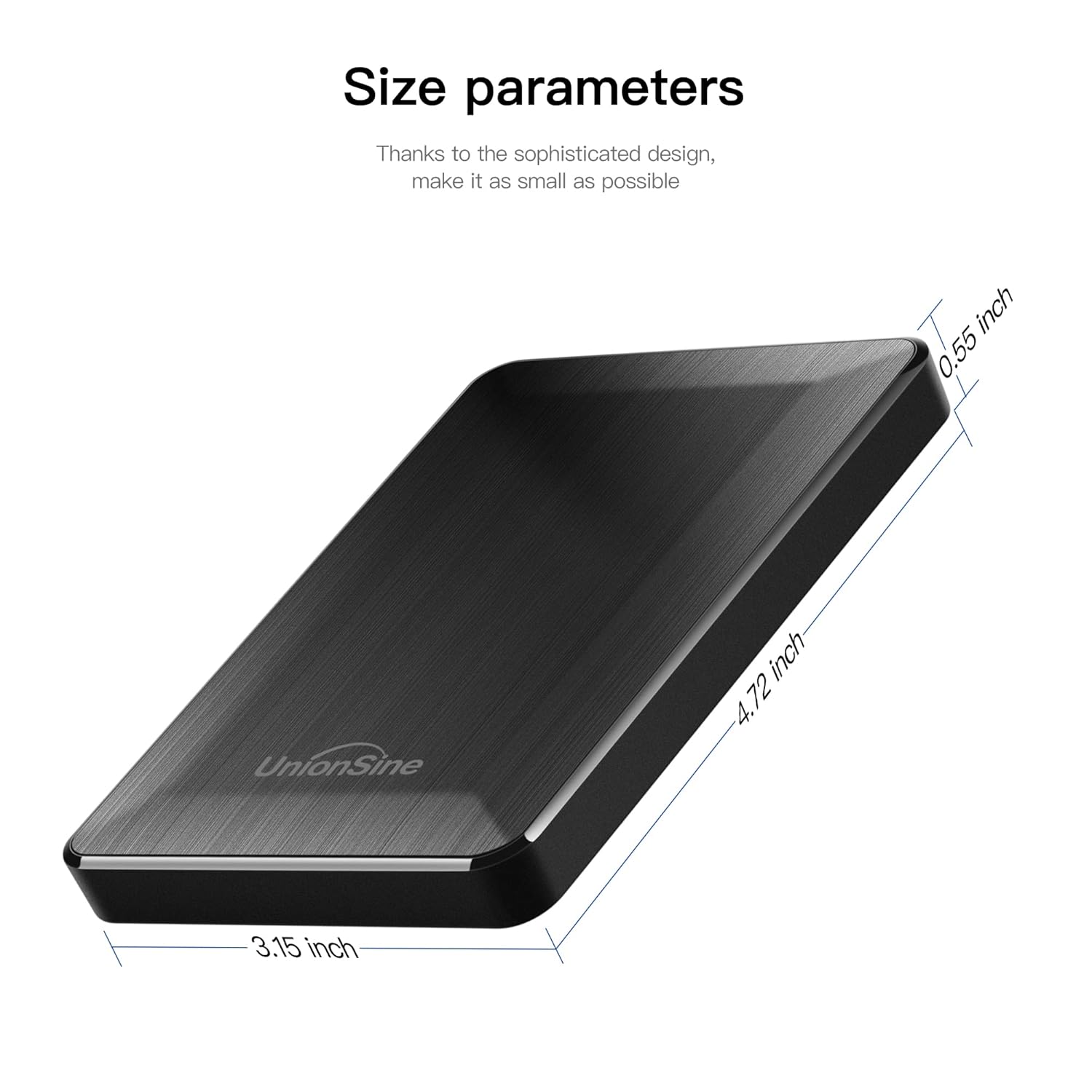UnionSine HD2513 external hard drive with size parameters.