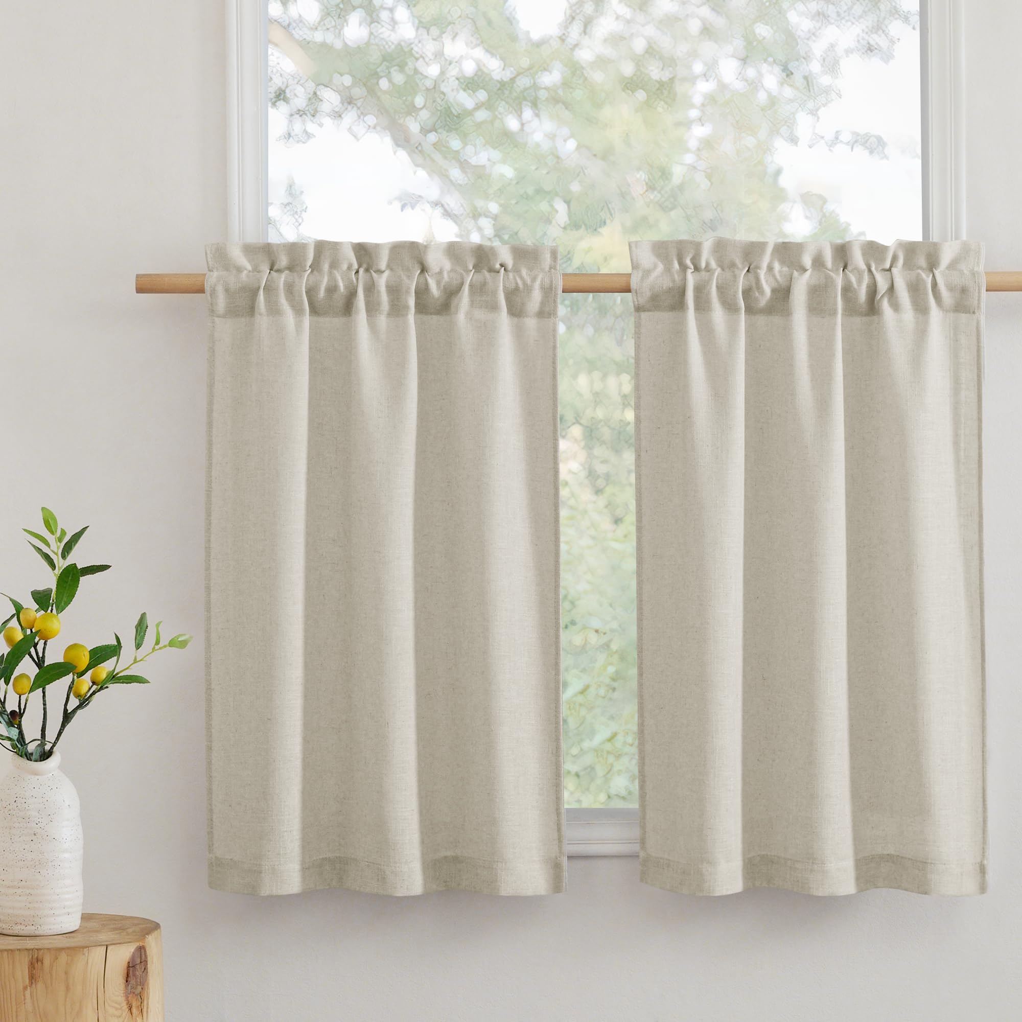 RYB HOME Kitchen Curtains, 30 inches Long Linen Rod Pocket Semi Sheer Cuartins for Basemnet Cafe, Light Filtering Bathroom Curtains Over Sink, W 26 x L 30, Angora, 2 Panels Set
