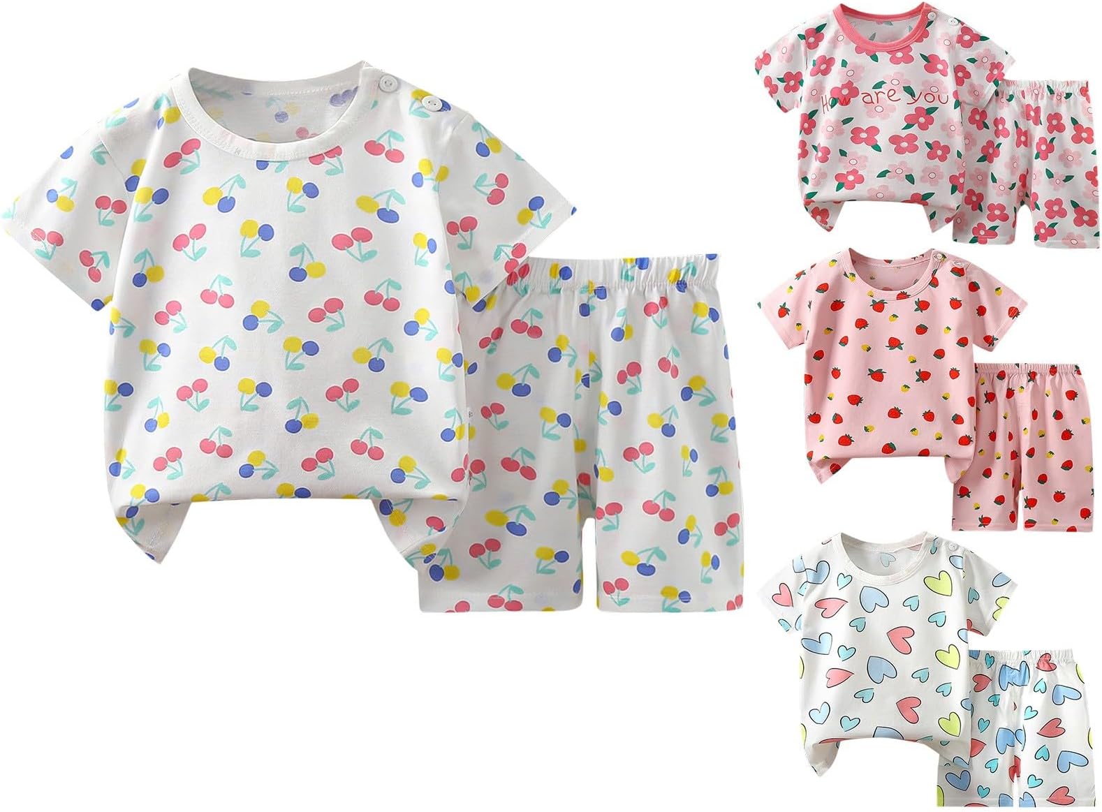 Kids Cherry Printed Tracksuit Set 2 Piece Boys Girls Short Sleeve Sweatshirt Wide Leg Elastic Waist Shorts Summer Casual Sports Pants Lightweight T-Shirt Outfit