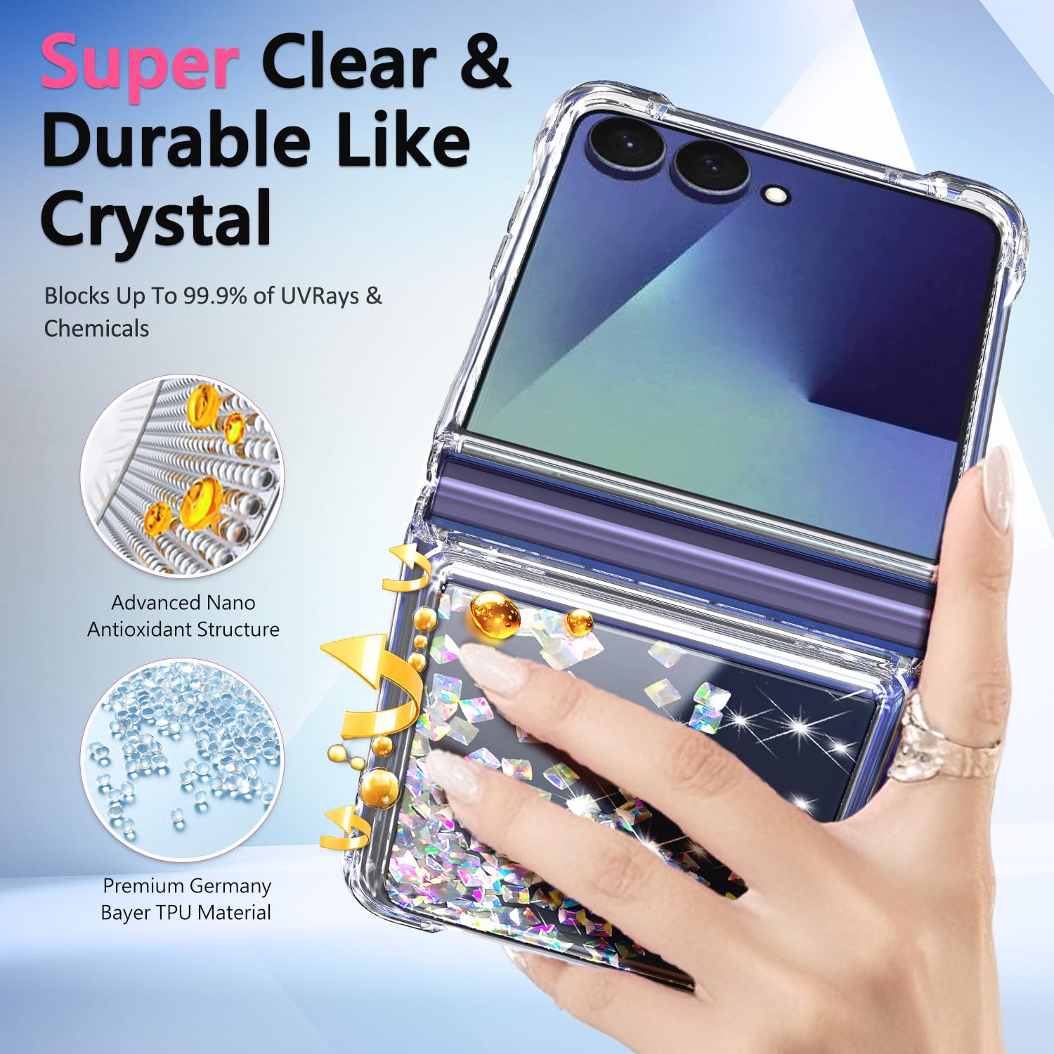 NGB - Custodia per Galaxy Z Flip 8, con cristalli liquidi glitterati | Compatibile con Samsung Galaxy Z Flip 8, pellicola salvaschermo in vetro temperato e cinturino da polso inclusi