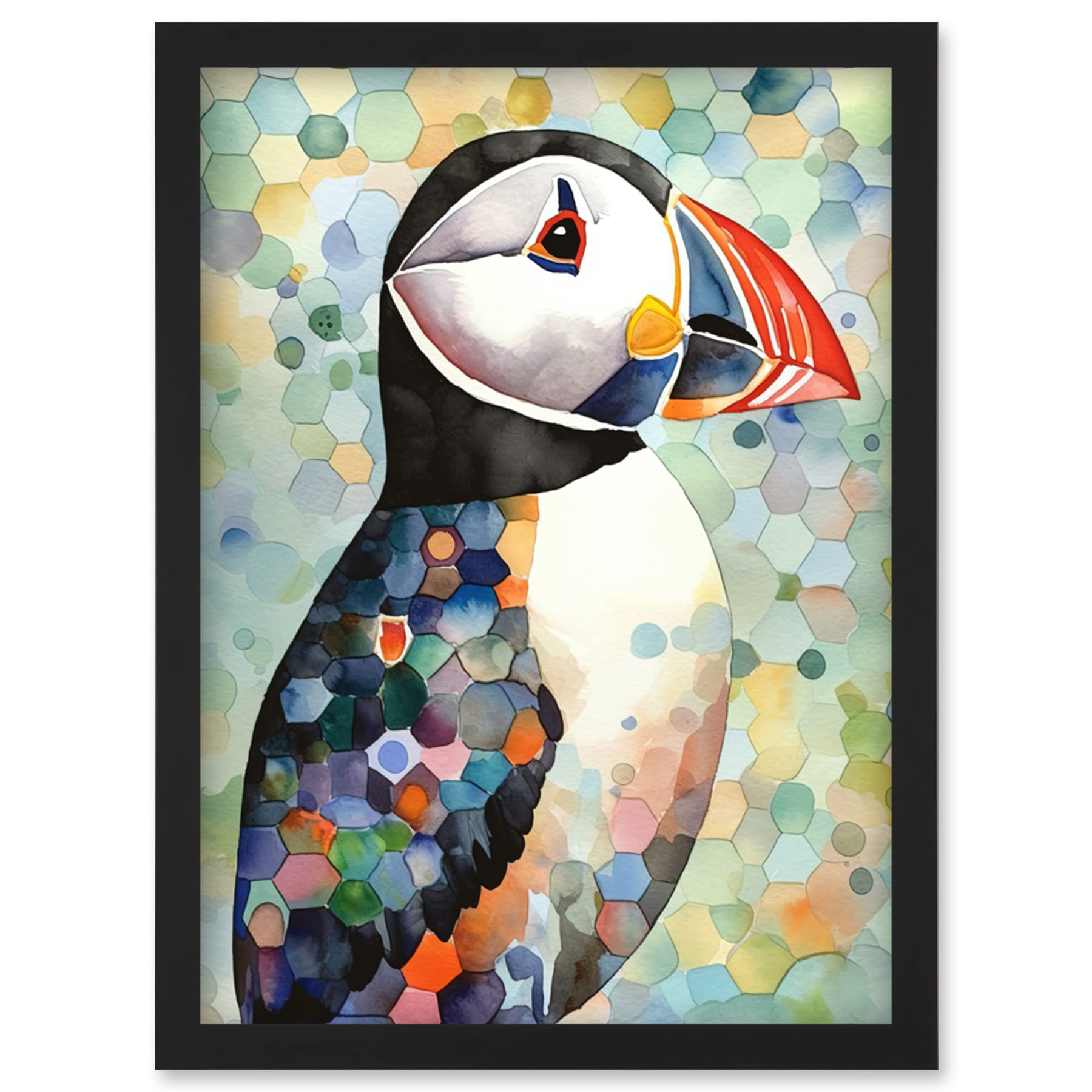 Puffin Bird Portrait - Folk Art Artwork Print - Framed Wall Art - Pastel Colours - A4 - Artery8