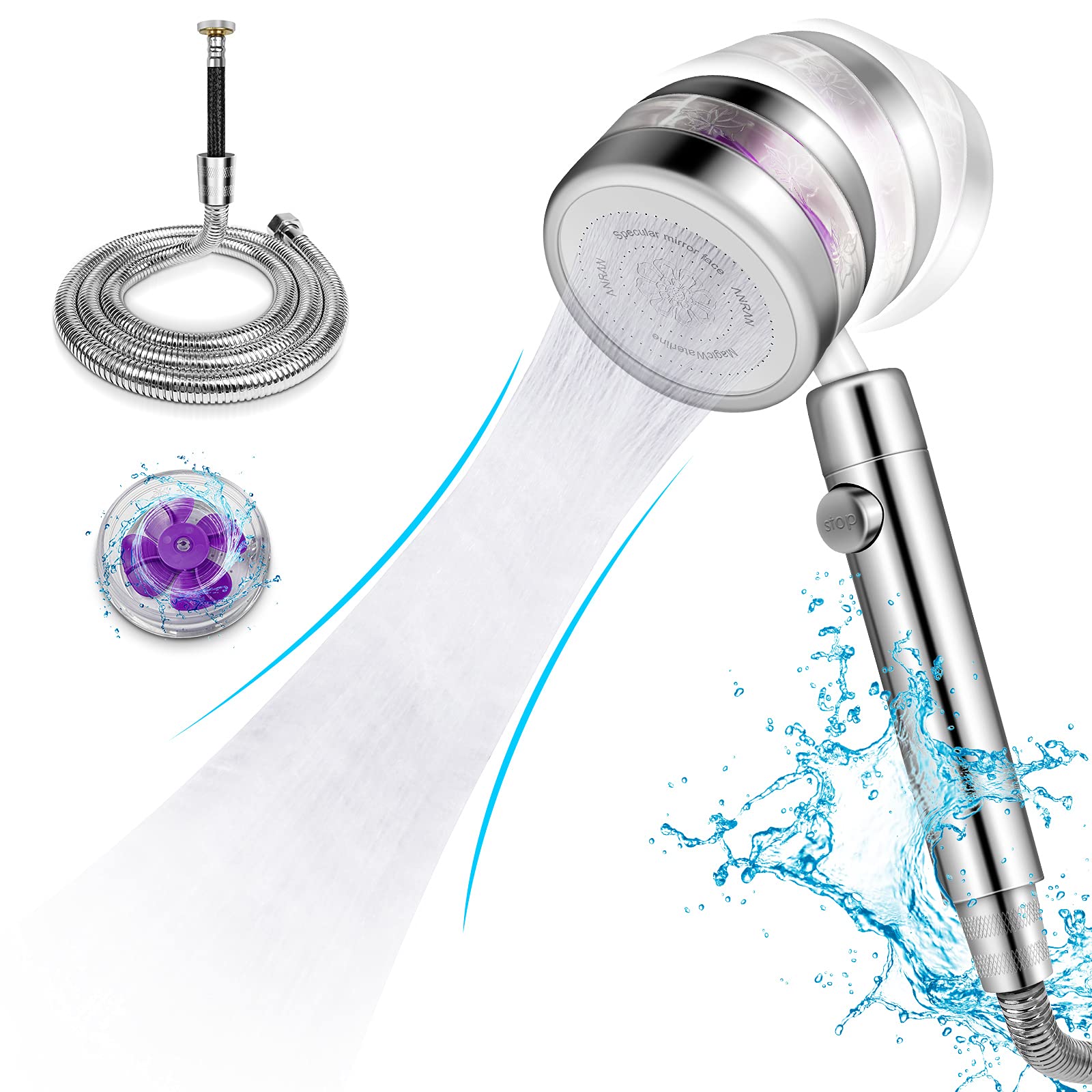 CFIKTE Shower head, hand shower, pressure increase Chrome shower head with 1.5m hose, 360 ° shower head rotatable, 2 jet types with stop function for bathing and spa