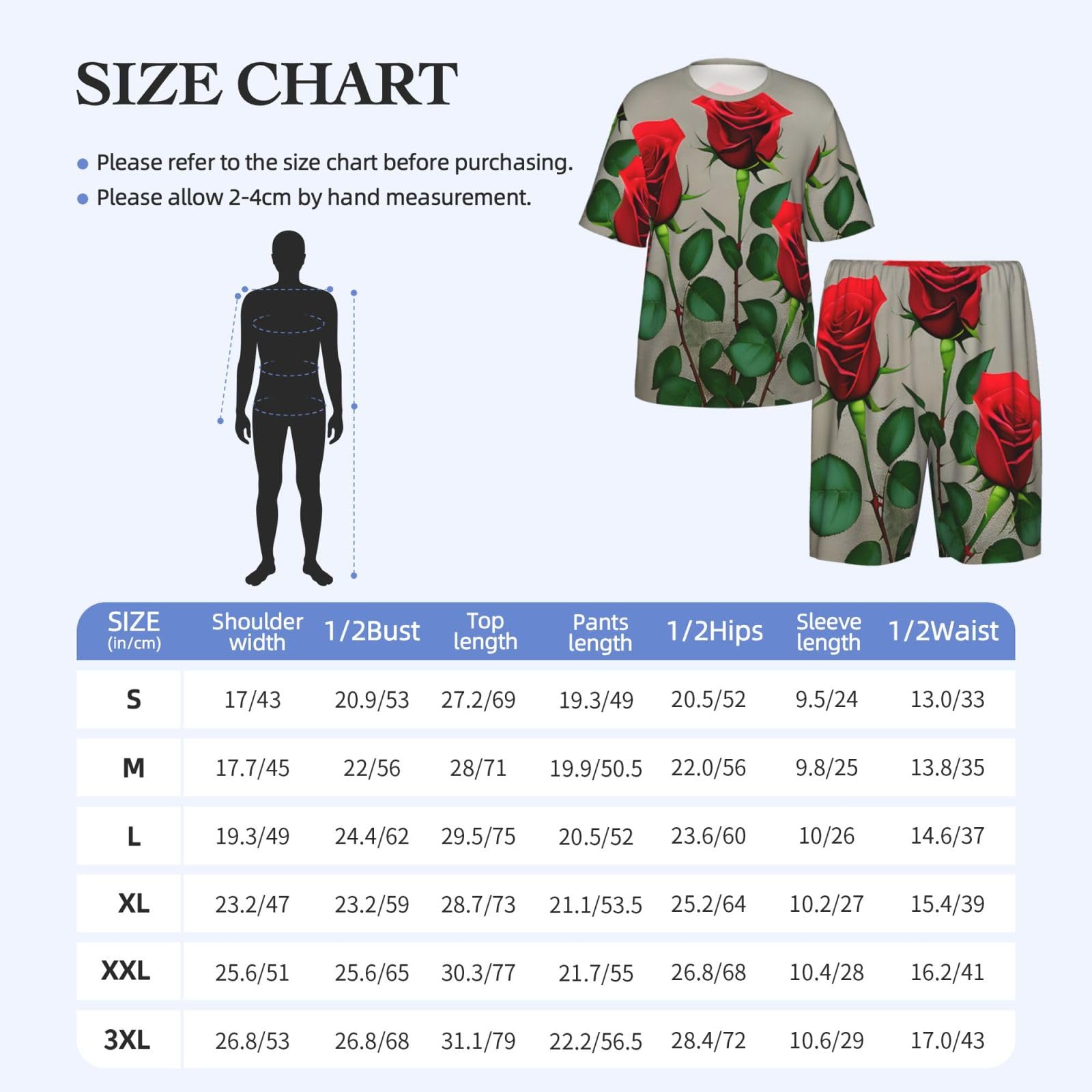 Conjunto de pijama clásico para hombre con estampado de rosas rojas, pantalones cortos de pijama suaves para hombre, perfecto para las noches de verano