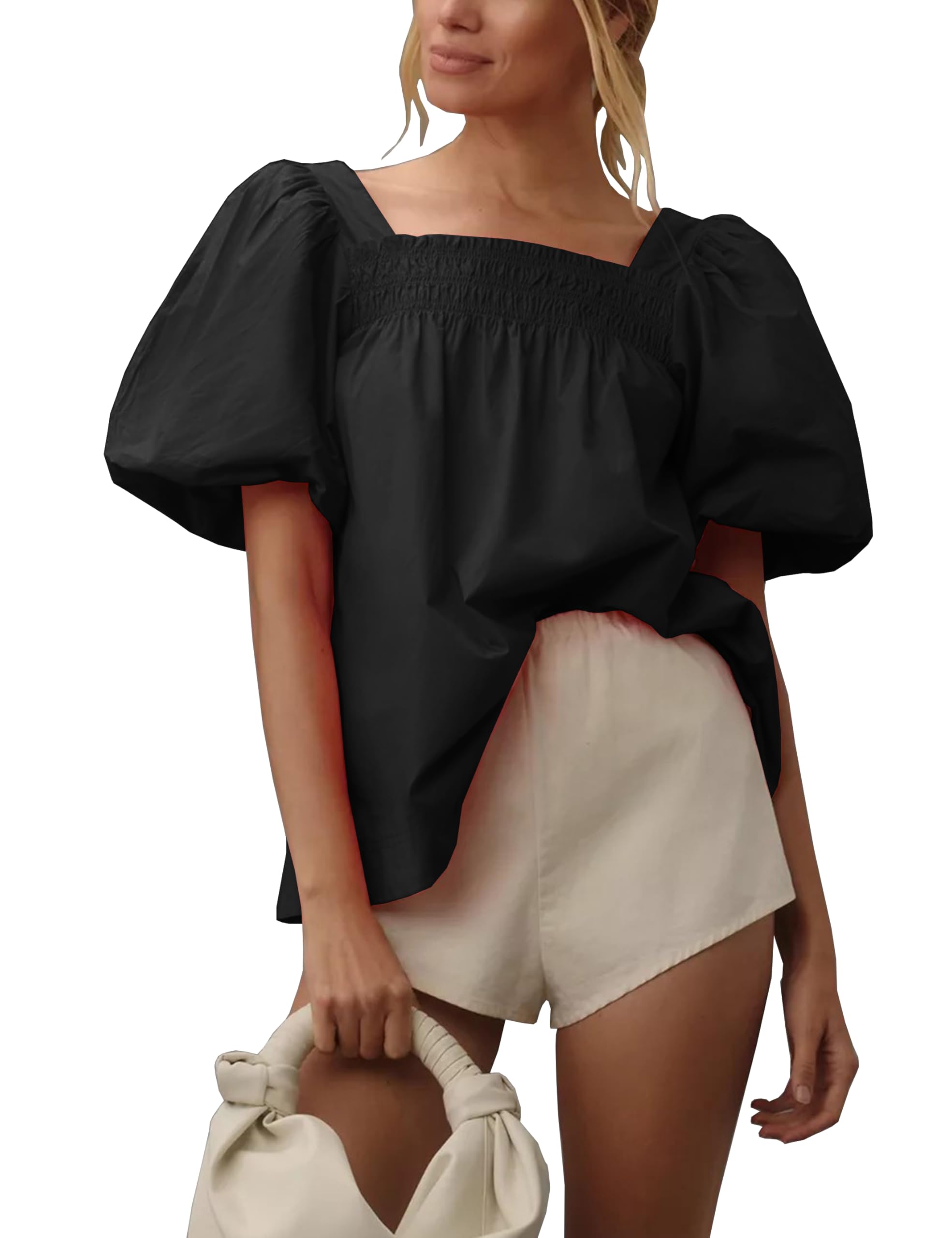 Tiko Miko Short Puff-Sleeve Dressy Blouses Smocked Square Ruffle Neck Loose Shirts Casual Womens Tops