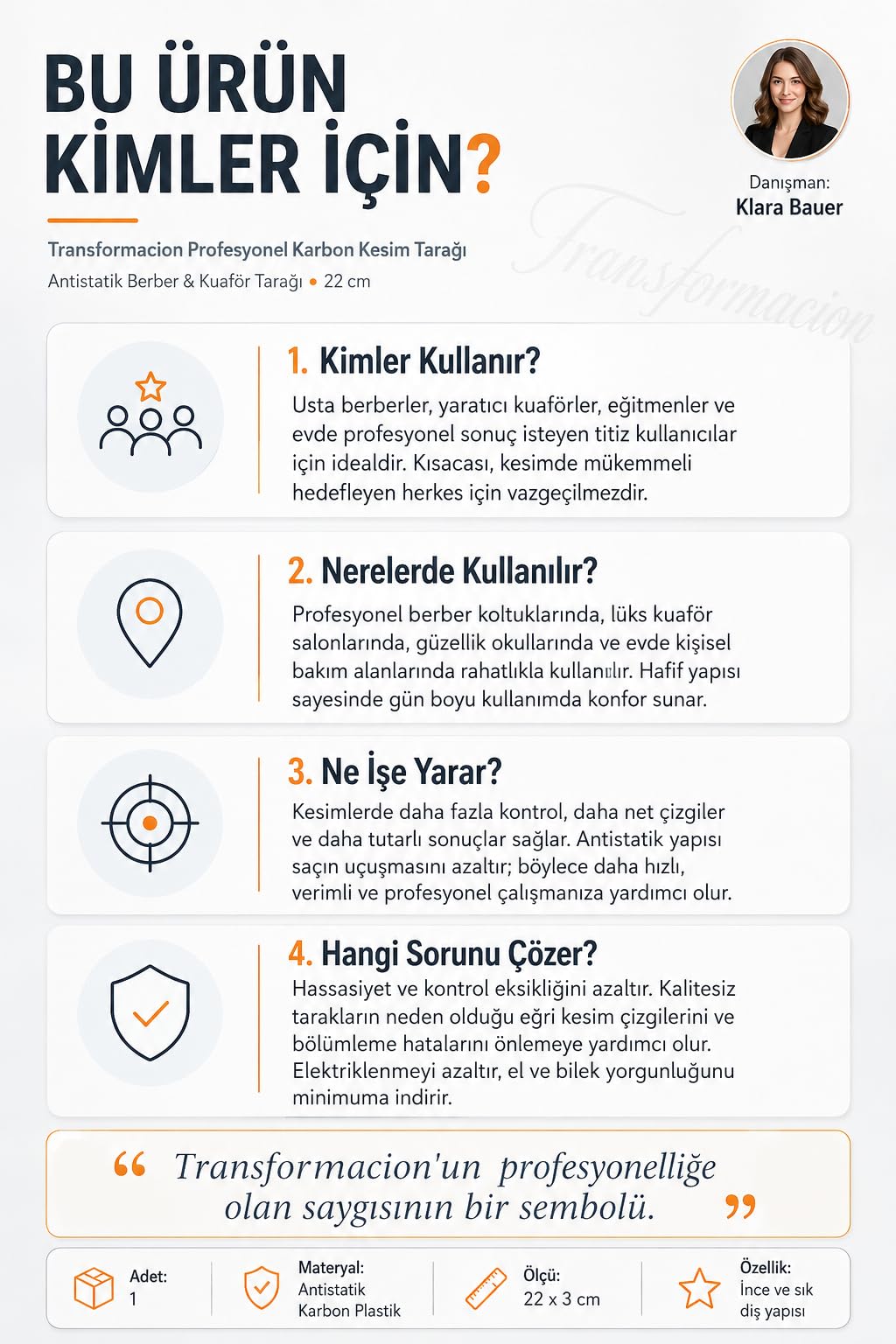 Transformacion Profesyonel Karbon Kesim Tarağı - Antistatik Berber & Kuaför Tarağı 22 cm 721790