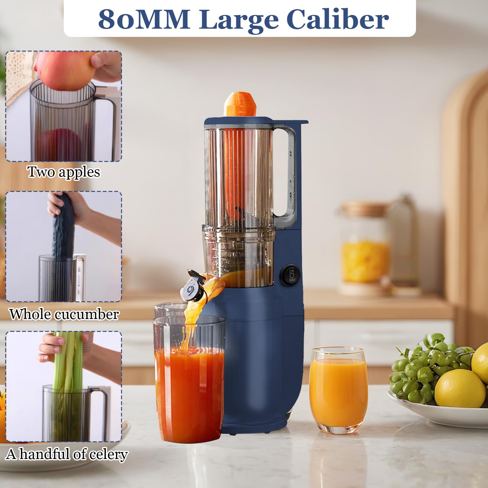 Slow Juicer mit 82 mm Breitem Einfüllschacht,Gemüse Saftpresse Elektrisch,Limettenpresse,Obst Entsafter 550ML Füllvolumen,250 W Kaltpress-Entsafter mit 2 Saftglas Leicht zu Reinigen