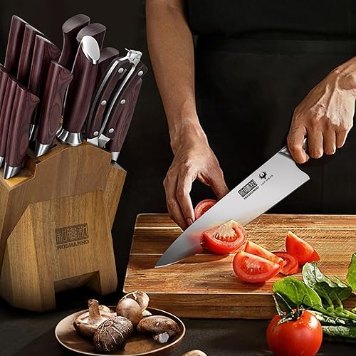 Miniatura 6 de HOSHANHO Juego de cuchillos de cocina con bloque de 18 piezas, juego de cuchillos de chef de acero inoxidable de carbono alto súper afilados, juego