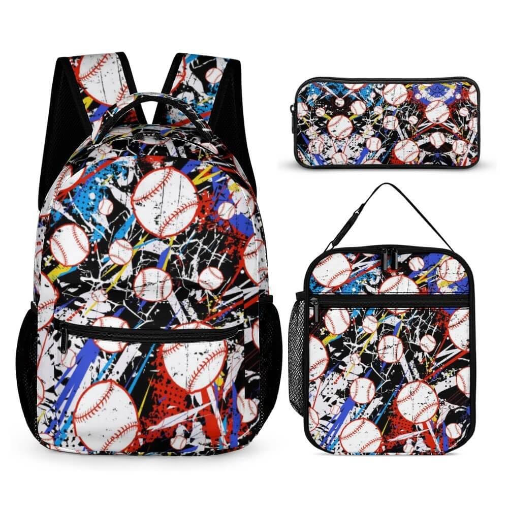 CaomeiWu Baseball Backpack with Lunch Box & Pencil Case for Kids Girls Boys School, 16 Inch Cool Baseball Bookbag, School Backpack for Students
