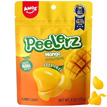 AMOS Peelerz Peelable Mango Gummy Candy,Soft Chewy Gummy Snack Made with Real Fruit Juice,Fun Peel & Eat Candy Treat