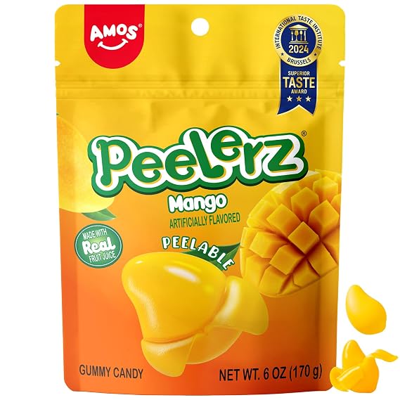 AMOS Peelerz Peelable Mango Gummy Candy,Soft Chewy Gummy Snack Made with Real Fruit Juice,Fun Peel & Eat Candy Treat