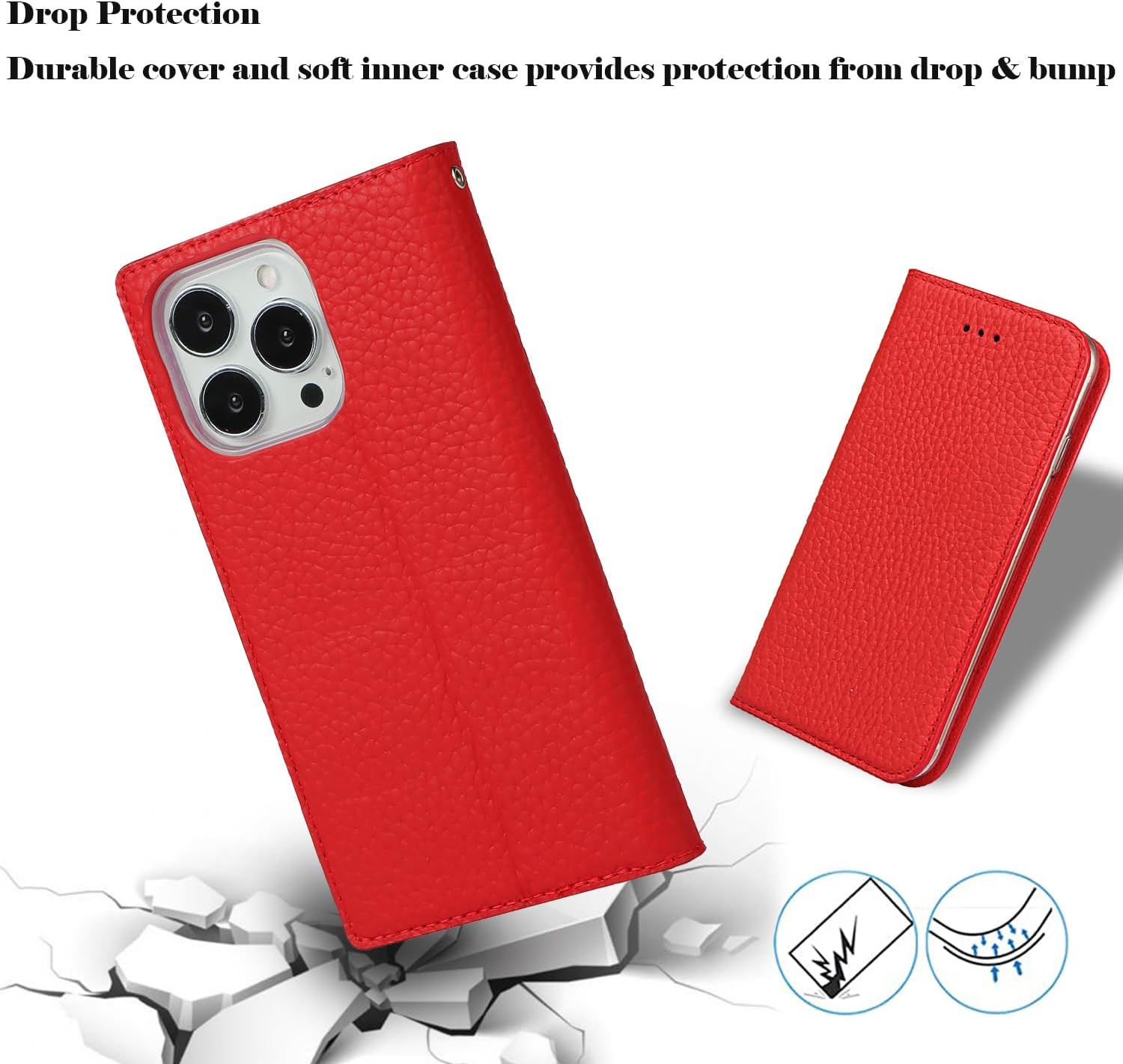Ｈａｖａｙａ case for iPhone 15 Pro Case Genuine Leather Wallet with Card Holder for Women Men Flip Folio Credit Card Slots Stand Shockproof Phone Cover-Red Phone Case