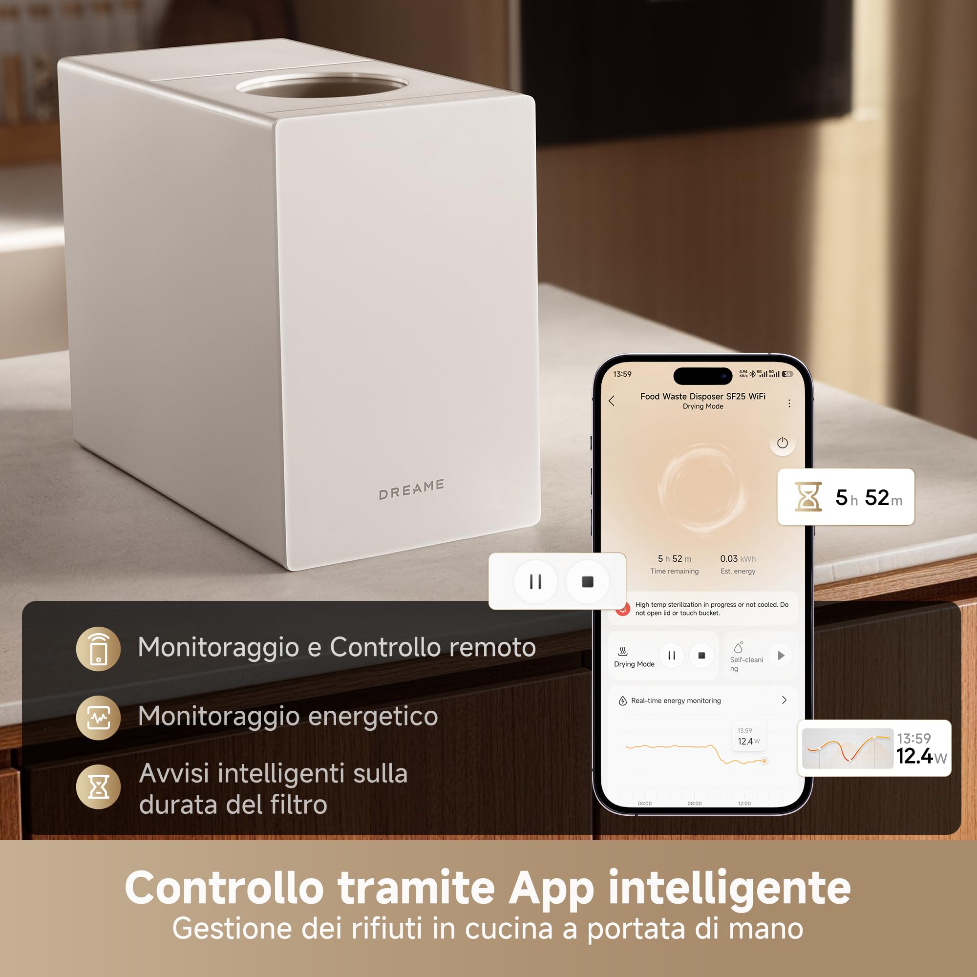 DREAME SF25 WiFi Tritarifiuti, Controllo Smart tramite App, Sistema tripla Lama, Filtro Carbone Lavabile, Controllo Odori, Capacità 2,5 L, Autopulizia ad Alta Temperatura, Design Compatto e Silenzioso