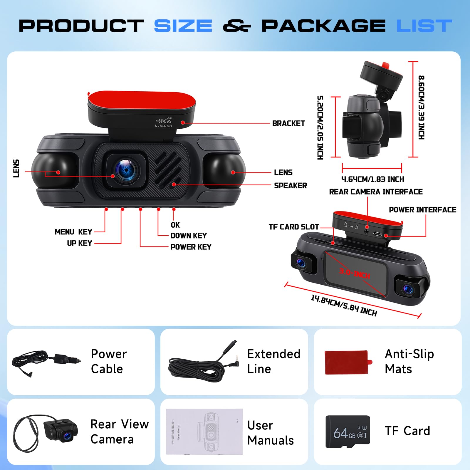 Hodozzy 4K 4 Canaux Dashcam Voiture, WiFi et Contrôle Via App Dash Cam Caméra avec Enregistrement en Boucle, GPS Caméra Embarquée 3 Pouces avec Vision Nocturne, Capteur G, Mode Parking+ 64G Carte TF