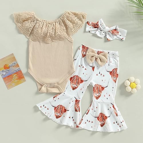 Miniatura 2 de Rtnnsbbfcm Ropa de verano para bebé recién nacida, con volantes, sin mangas, acanalado, mameluco de vaca, floral, pantalones acampanados, diadema,