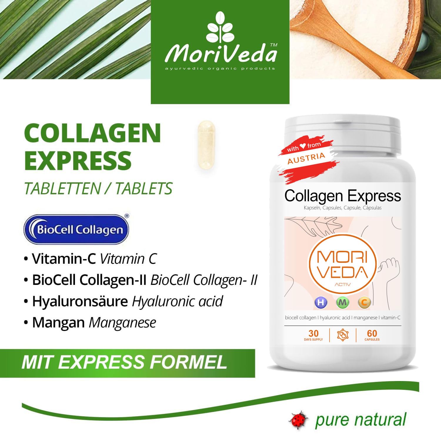 Capsule Collagen Express con collagene biocellulare di tipo II - 2 mesi di fornitura - acido ialuronico, condroitina solfato, vitamina C e manganese -pelle capelli articolazioni-da MoriVeda 2x60 pezzi