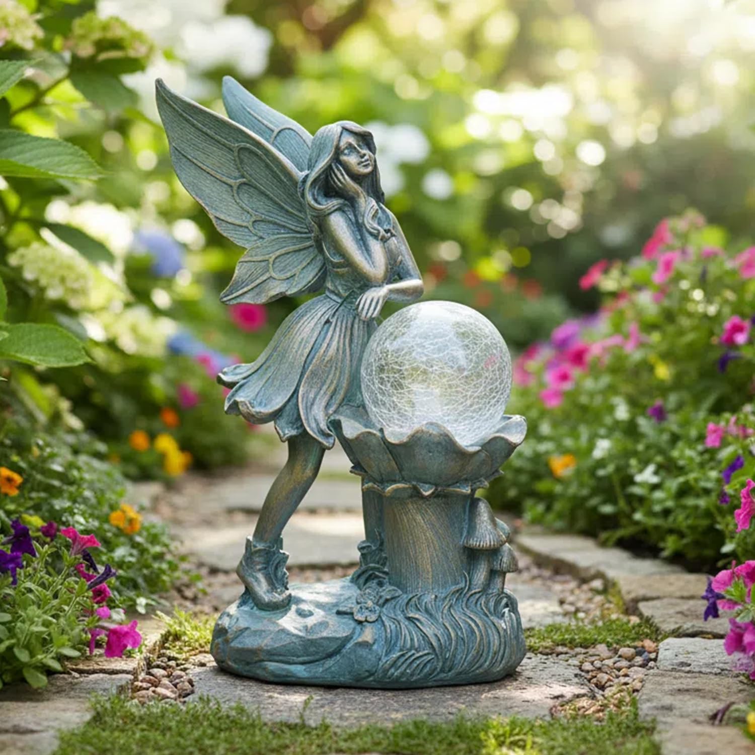 Ferrisland Statuette da giardino a forma di fatina dell'angelo, con luci solari, decorazioni solari per cortile, giardino, patio, prato, regali per compleanno, inaugurazione della casa, festa della